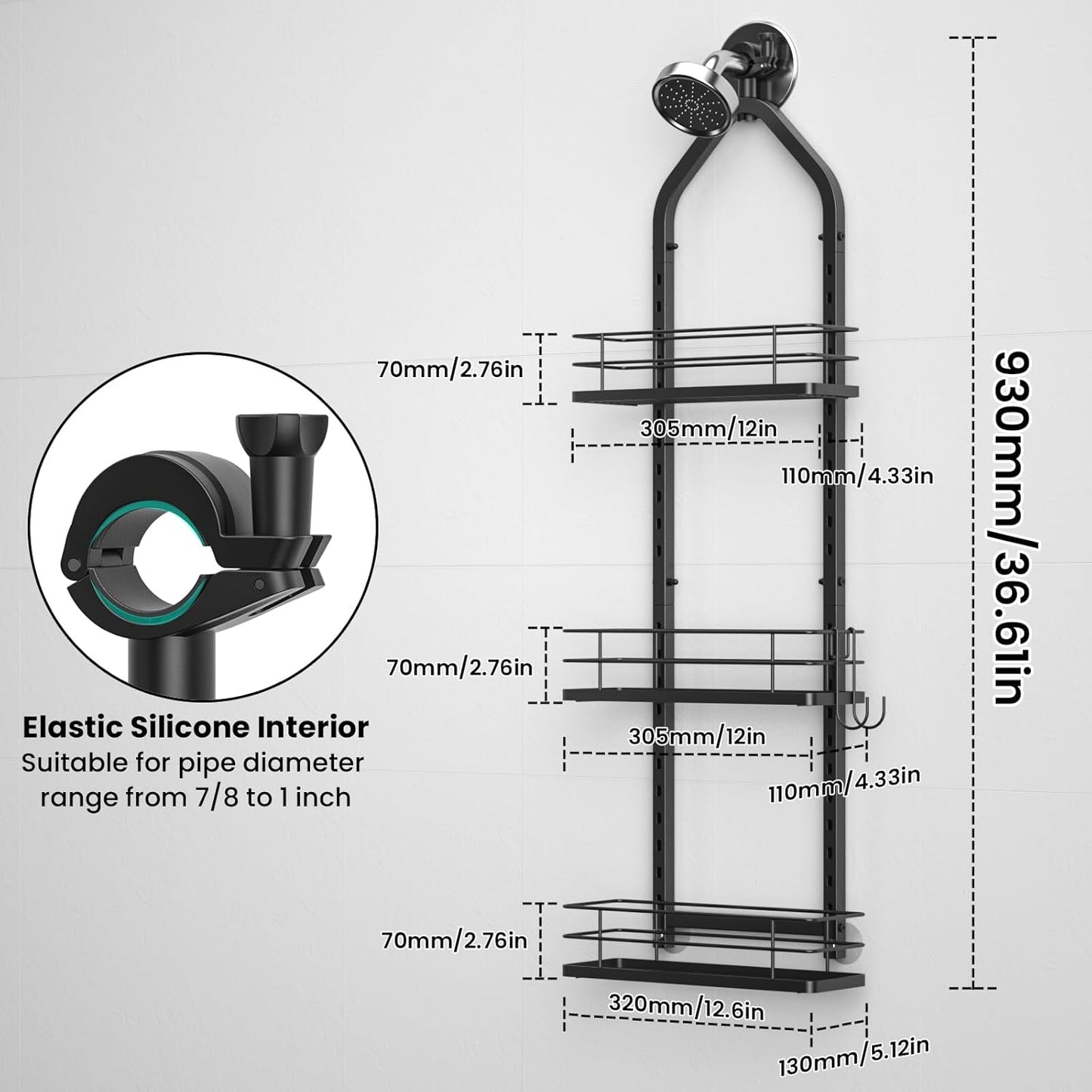 Shower Caddy Hanging (Black), Adjustable Anti-Swing-Over The Shower Head Caddy, 3 Tier Height Bathroom Storage Organizer Bathroom Shelves Basket Rack Shower Caddies (3Tier)