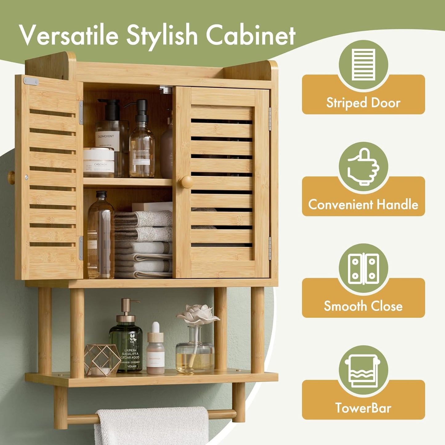 AmazerBath Bathroom Wall Cabinets, Bamboo Medicine Cabinets with Towel Bar, Wall Mounted Storage Cabinet with Adjustable Shelves, 2 Doors Over The Toilet Storage for Small Spaces,8.3x16.5x26.6 Inches