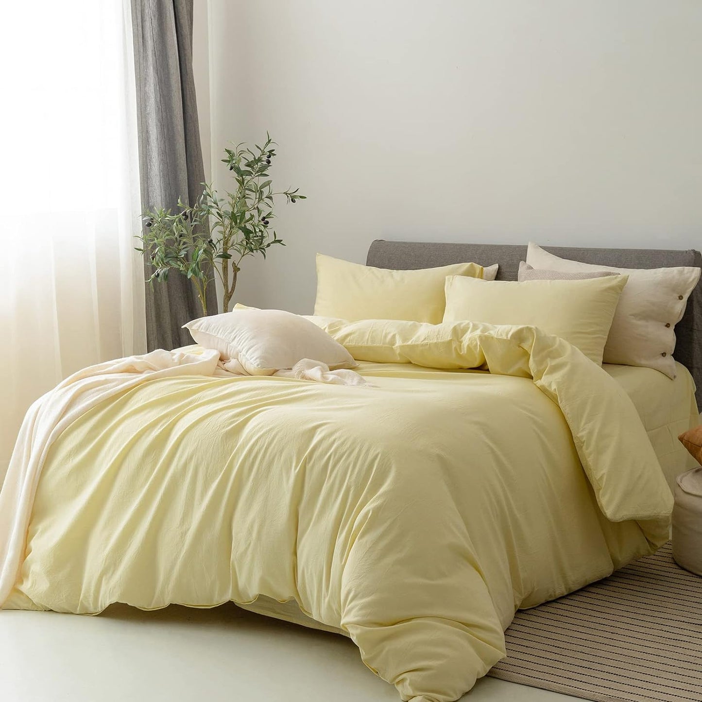 FOSSA Duvet Cover Set 100% Washed Cotton Linen Feel Super Soft Breathable Cozy 3 Pieces Bedding Sets Solid Pastel Yellow Super Queen