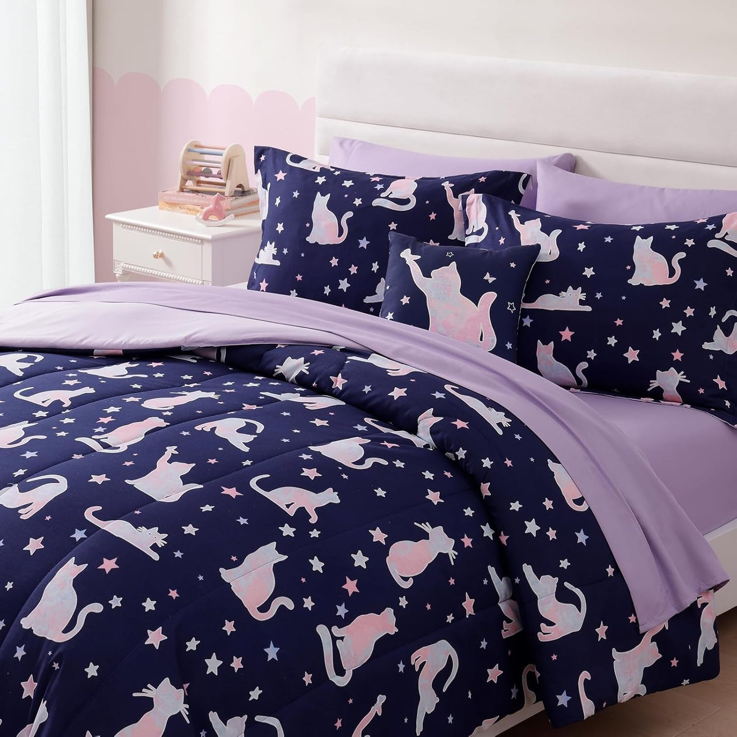 Full Size Comforter Set for Girls-7 Pieces Cute Cat Full Bedding Sets for Kids, Ultra Soft Bed in A Bag with Sheets