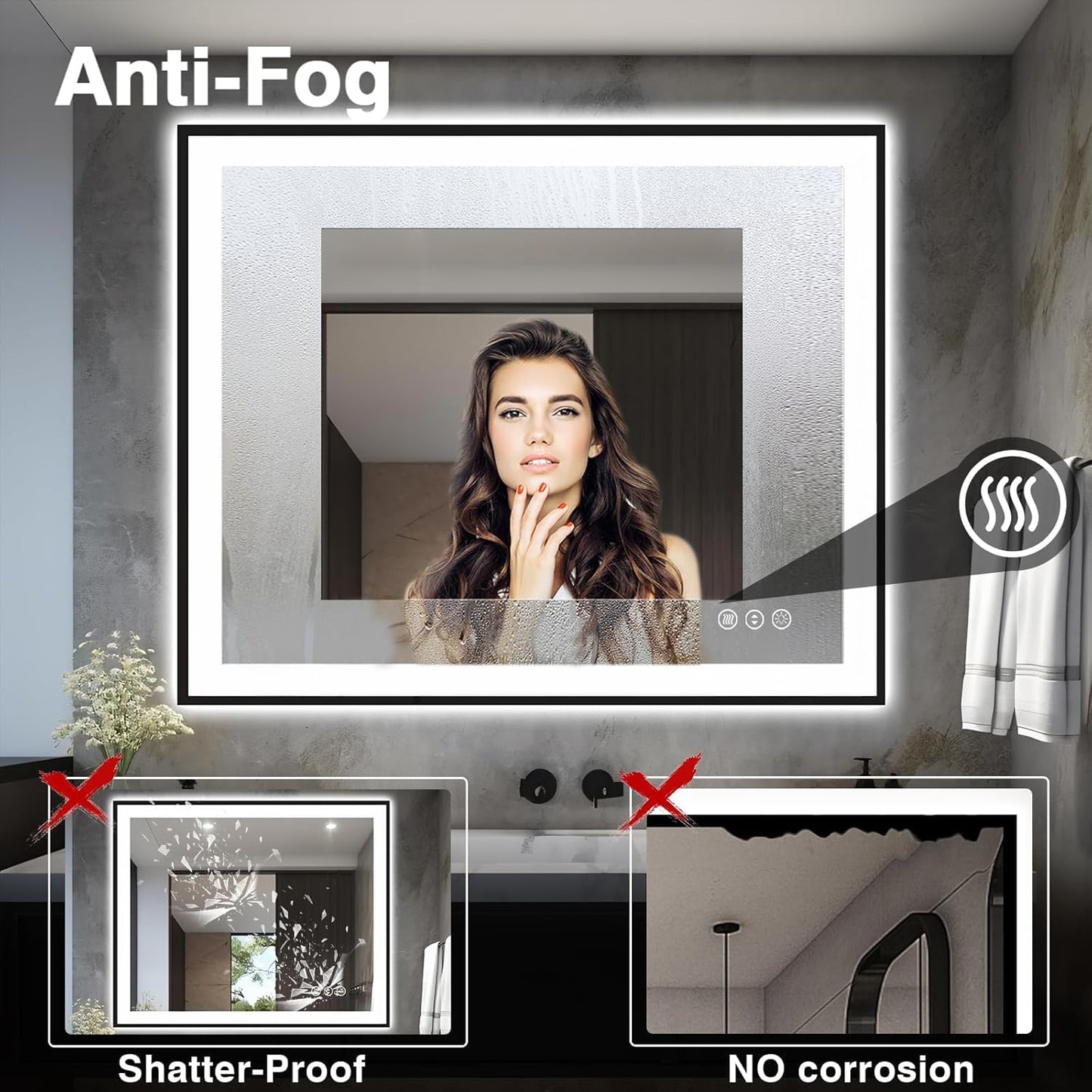 40x32 LED Bathroom Mirrors for Wall -Black Aluminum Framed (Front and Backlit), Anti-Fog Vanity Mirror With Lights,Stepless Dimmable Lighted Mirror,3 Colors Smart Mirror(Horizontal/Vertical)