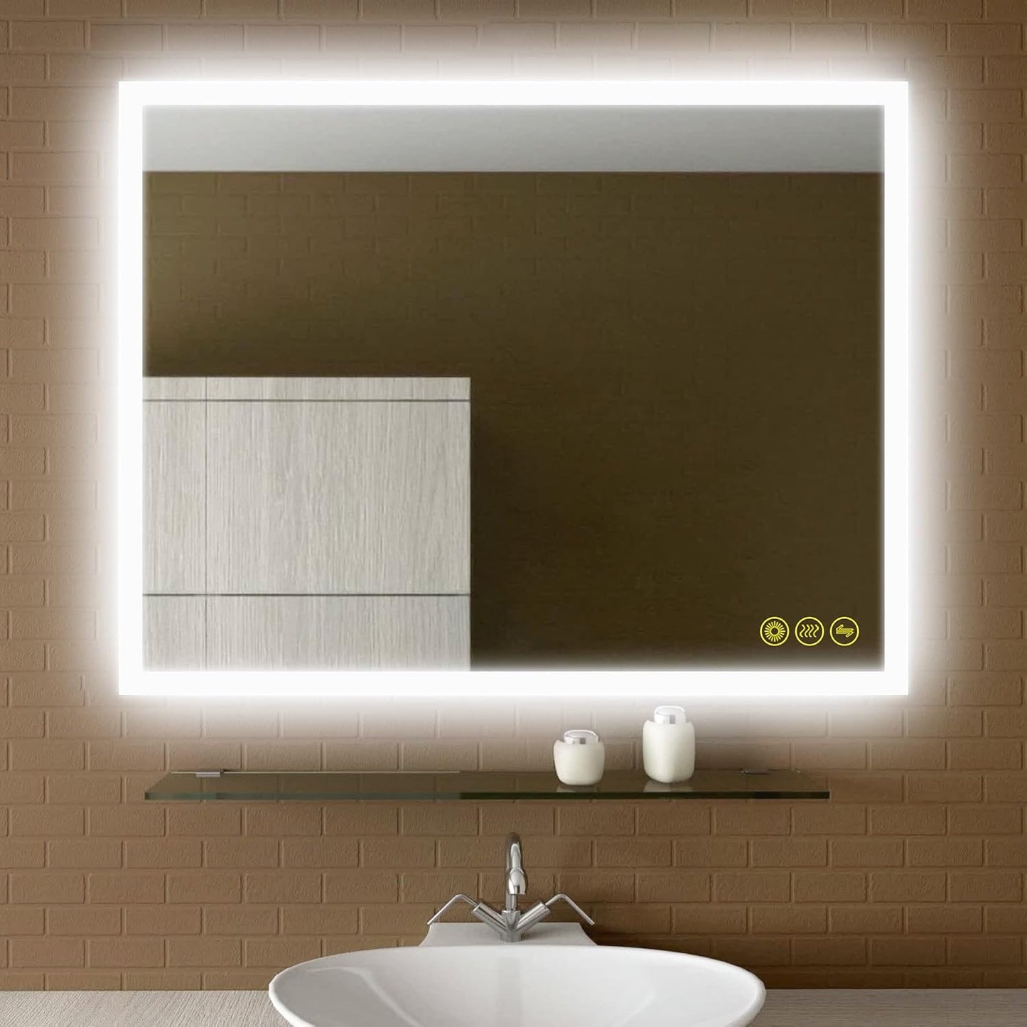 Wall-Mounted LED Square Bathroom Mirror, Makeup Mirror (36inches x 30inches,) 3 Color Stepless Dimmable Memory Bathroom Vanity Mirror with Lights CRI90+ 3000-6400K Smart Mirror with Touch