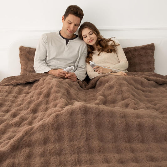 Faux Rabbit Fur Bubble Electric Blanket King Camel - Fluffy Thick Heated Blanket with Dual Control, 6 Heating Levels & 10 Timer Settings, ETL Certified, Decor Gifts for Home (100" x 90")