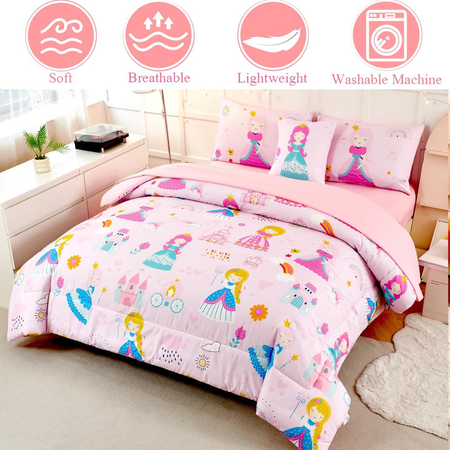 ANGIYUIN 6Pcs Pink Twin Size Comforter Set for Girls Princess Bedding Fairy Tales Castle Kids Bed in A Bag with Sheets Cute Soft Printed Girl Bedding Set for All Season