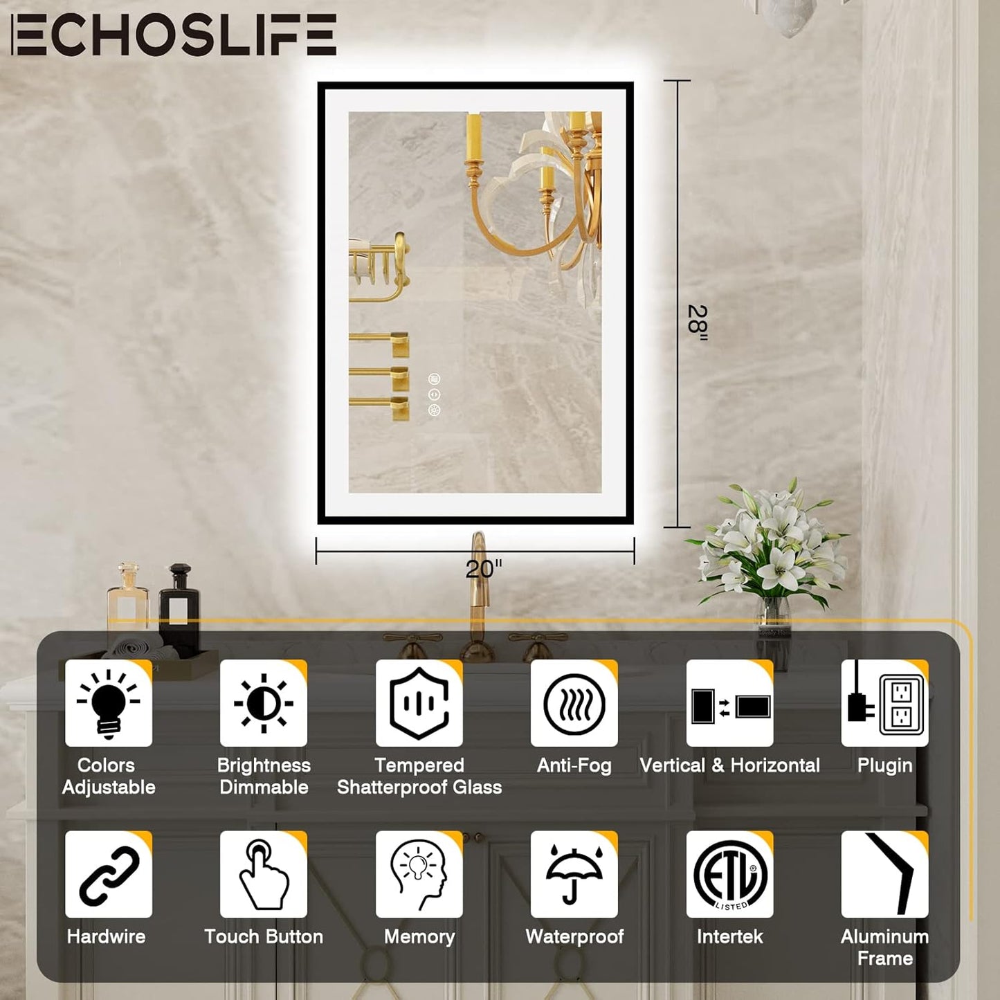 20x28 LED Bathroom Mirrors for Wall -Black Aluminum Framed (Front and Backlit), Anti-Fog Vanity Mirror With Lights,Stepless Dimmable Lighted Mirror,3 Colors Smart Mirror(Horizontal/Vertical)