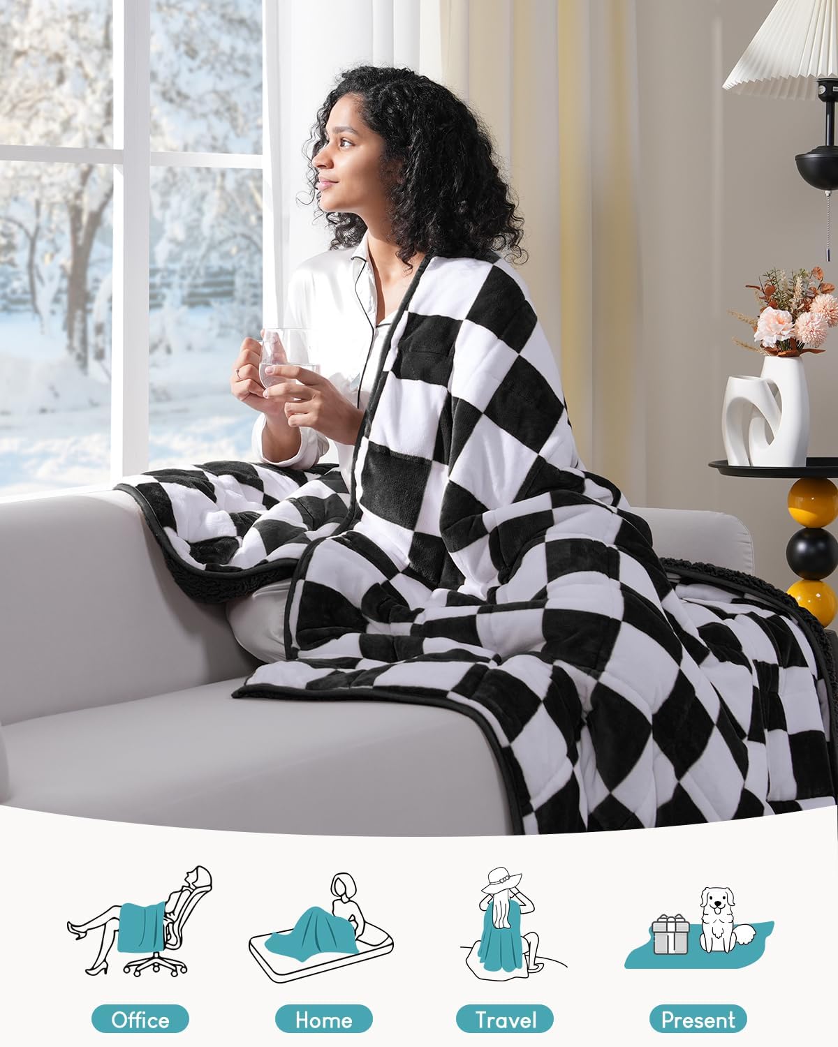 Weighted Blanket for Adults, 10lbs Sherpa Flannel Weighted Blanket Full Size, Soft Fluffy Fleece Checkerboard Weighted Blankets for Calming and Relax, Plaid Black, 48" x 72"