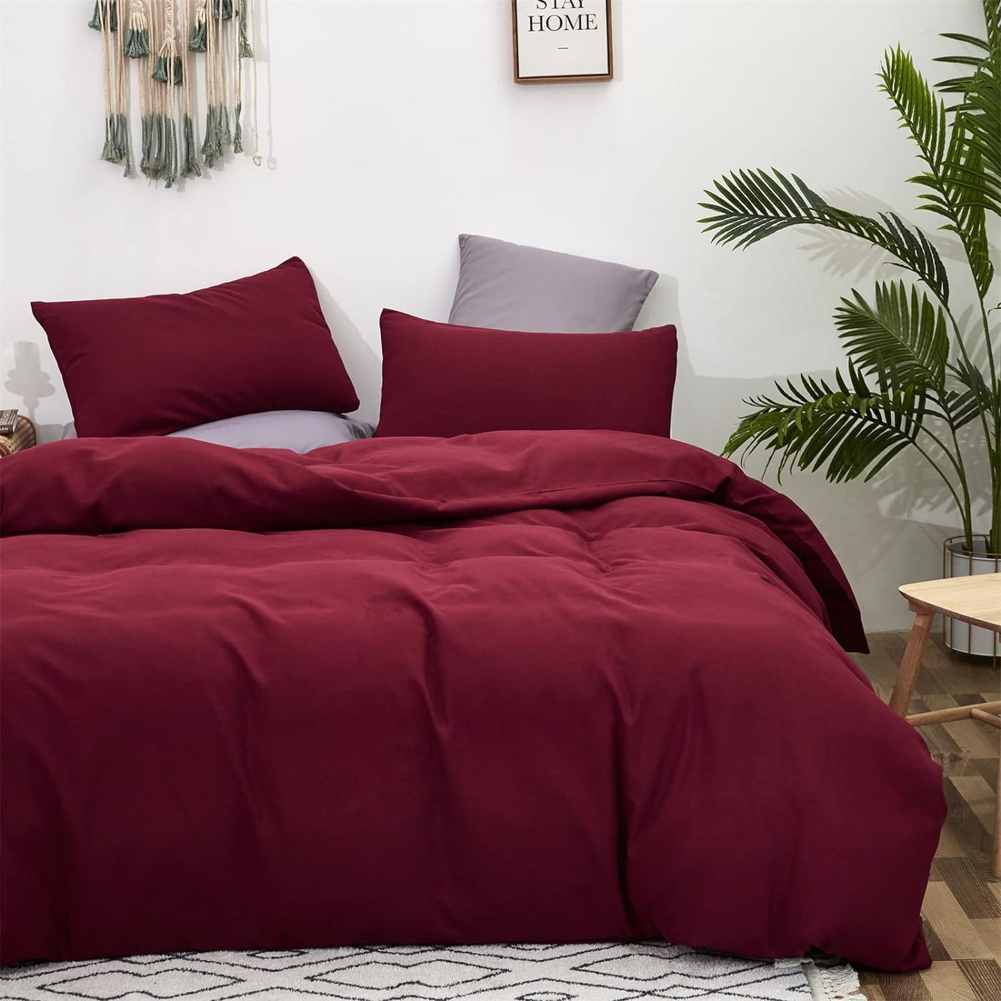 Cottonight Dark Red Comforter King Burgundy Bedding Chic Modern Wine Red Blanket Quilt Breathable Cotton Modern Solid Blackish Red Comforter Set for Women Men King Bed