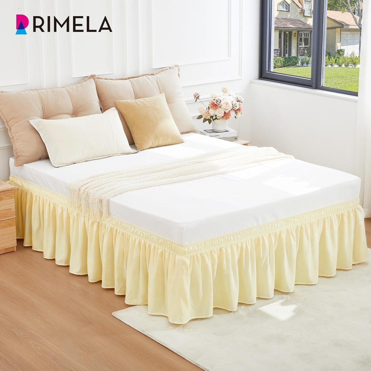 RIMELA Bed Skirt Queen Size 15 Inch Drop, Wrap Around Elastic Bedskirt Solid Microfiber Luxury Hotel Quality Fabric, Easy to Install Machine Washable Wrinkle & Fade Resistant, Beige Yellow