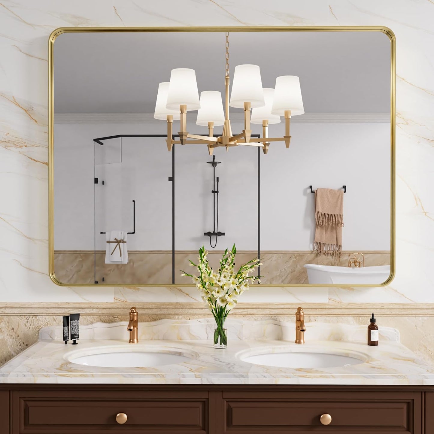 Gold Bathroom Mirror, 40x30 Inch Brushed Gold Metal Frame Mirror for Wall, Rounded Rectangle Bathroom Vanity Mirror, Tempered Glass, Anti-Rust, Horizontal/Vertical