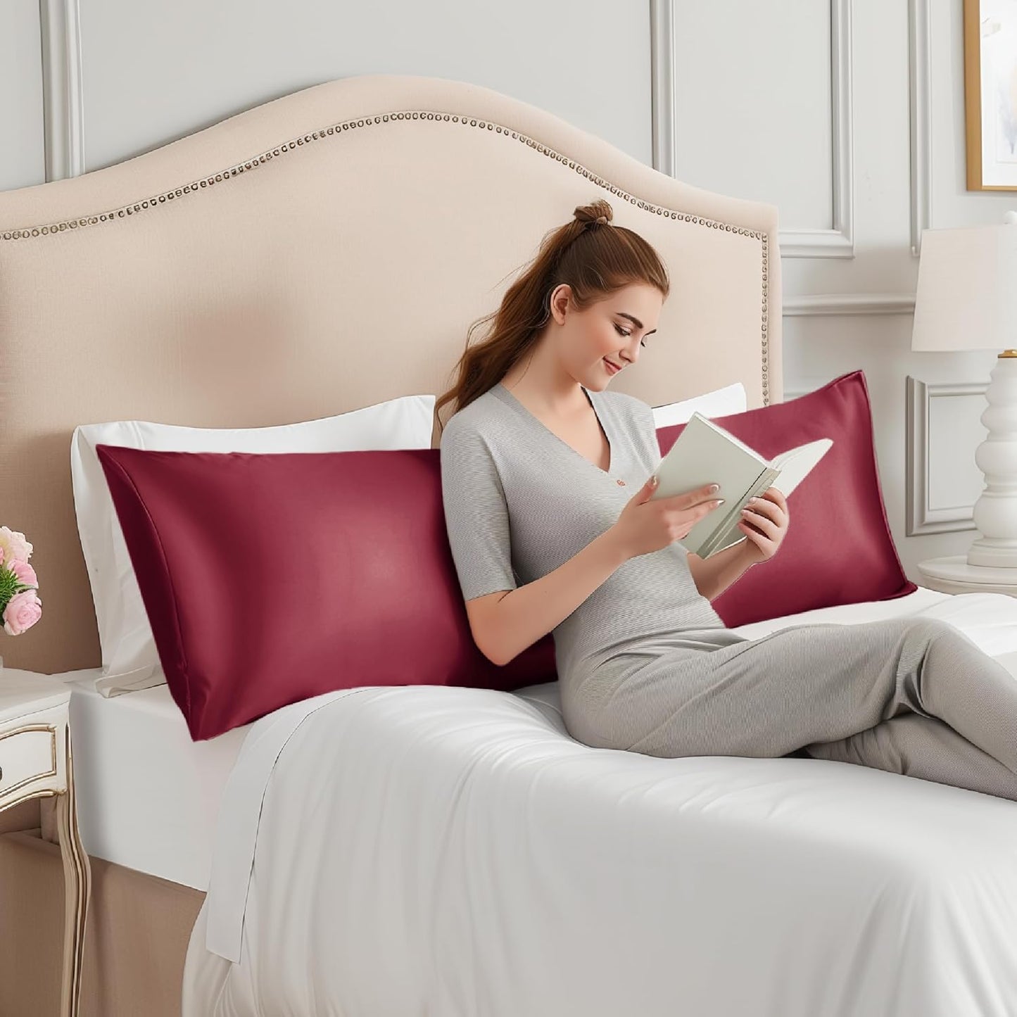 INFIIXSO Body Pillow Cover with Zipper, Luxury Mulberry Silk Body Pillow Case 20x54 Inches, Ultra Smooth and Soft Cooling Long Pillowcase, Gift for Women, Men(Burgundy)