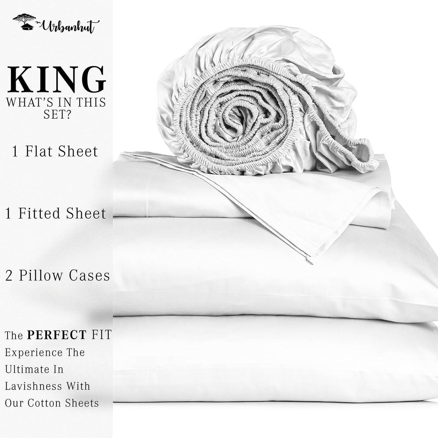 URBANHUT 1000 Thread Count Egyptian Cotton Sheets King Size, Long Staple Soft & Breathable, 4 Pc Bed Sheet Sets, Luxury Hotel Sateen Sheets Fits 16" Deep Pocket - White