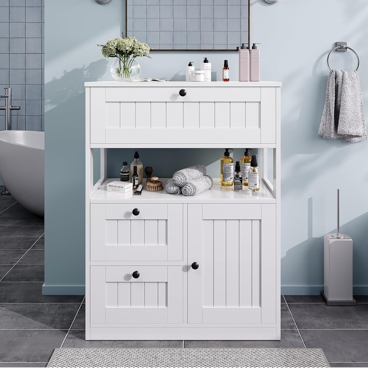 Bathroom Cabinet, Modern Bathroom Floor Storage Cabinet Organizer with 3 Drawers and Adjustable Shelves, Home Furniture for Multifunction in Living Room, Hallway, Kitchen, White