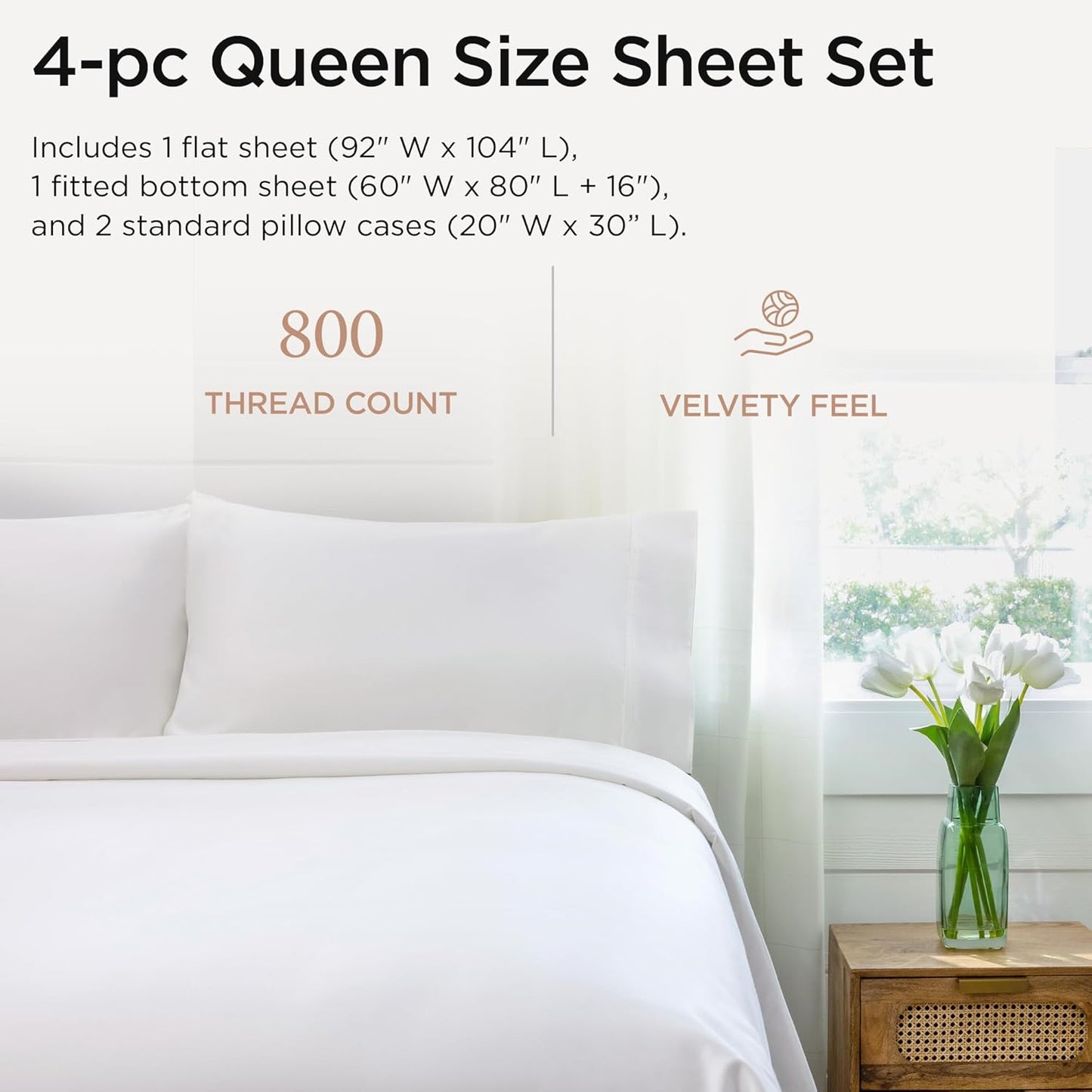 Threadmill Luxury Queen Sheet Set 800 Thread Count for Queen Size Bed - Hotel White Sateen Queen Bed Sheets, Better Than Egyptian Cotton,4 Pc Solid Soft Breathable Bed Set, Fits 16" Deep Pocket