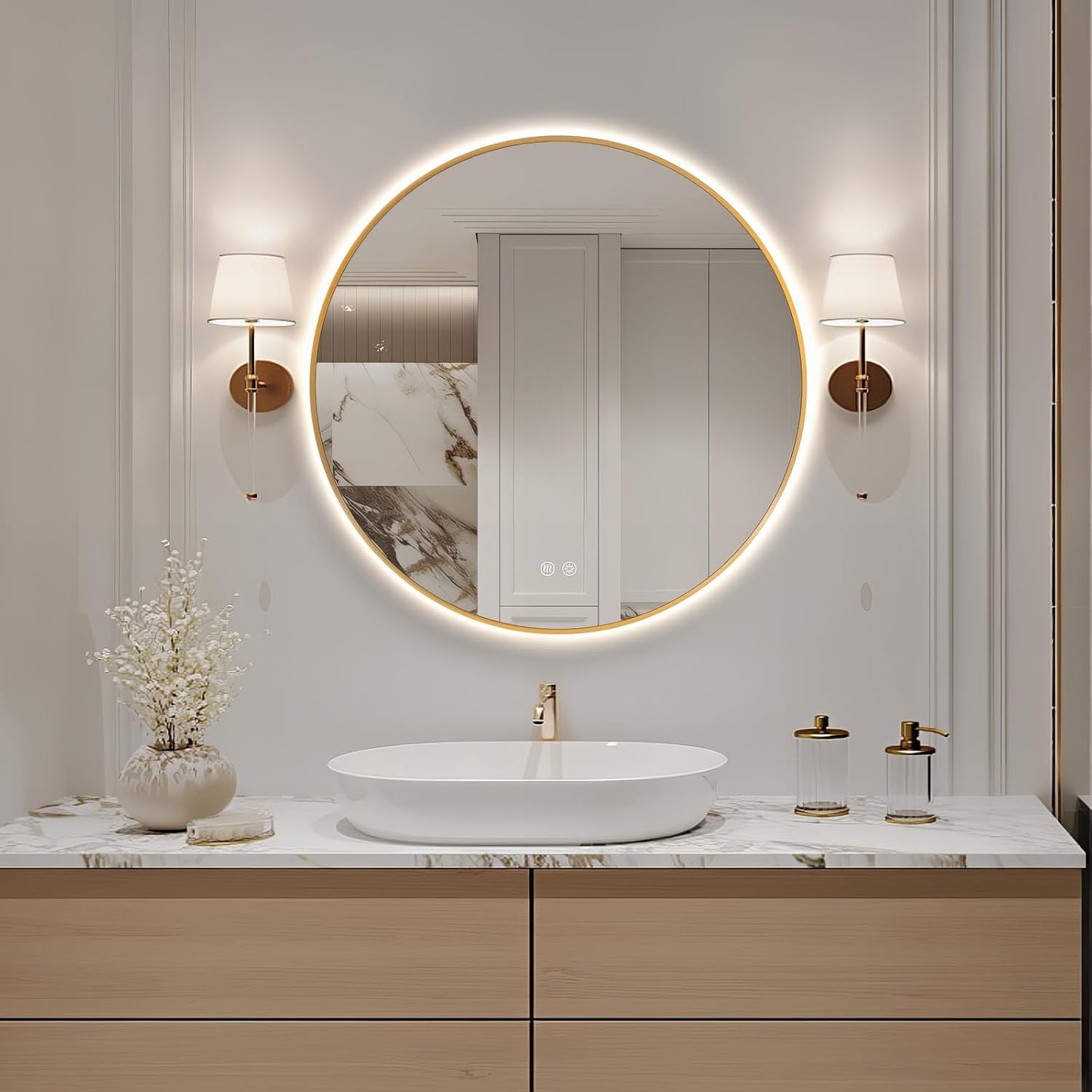 Niccy Round Led Mirror for Bathroom, 28" Backlit Mirror for Wall Circle Lighted Mirror with Gold Frame Anti-Fog, 3 Colors, HD Glass and IP65 Waterproof