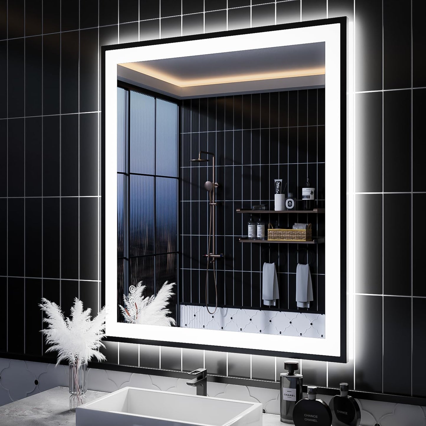 ISKM Framed LED Mirror for Bathroom 36"x28", Dimmable LED Bathroom Mirror with Lights, Anti-Fog, Front and Backlit Lighted Mirror 3-Colors, Shatterproof, Memory Function
