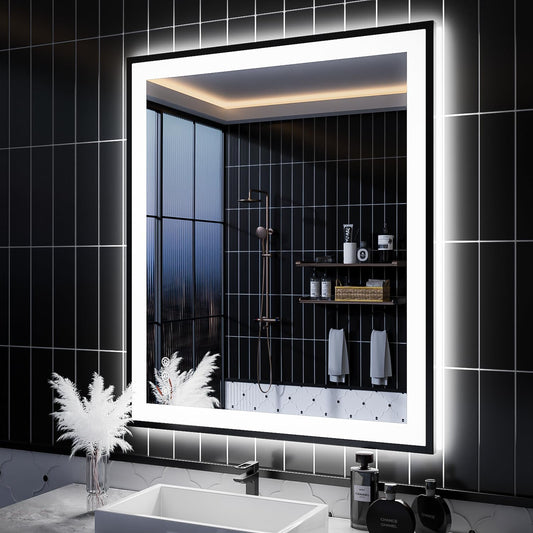ISKM Framed LED Mirror for Bathroom 36"x28", Dimmable LED Bathroom Mirror with Lights, Anti-Fog, Front and Backlit Lighted Mirror 3-Colors, Shatterproof, Memory Function