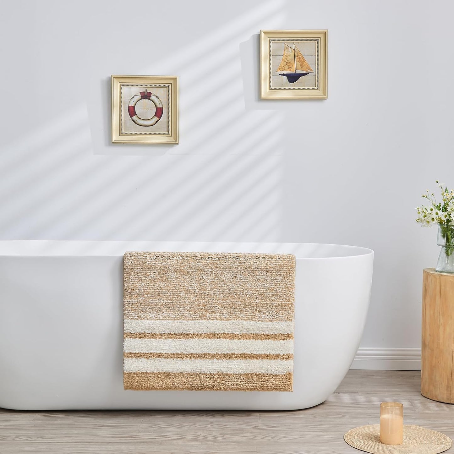 CozeCube Bath mats for Bathroom Non Slip, Fluffy Absorbent Microfiber Bath mat Washable, Aesthetic Bathroom Rugs, Large Beige Striped Bath mat, Beige, 36" x 24"