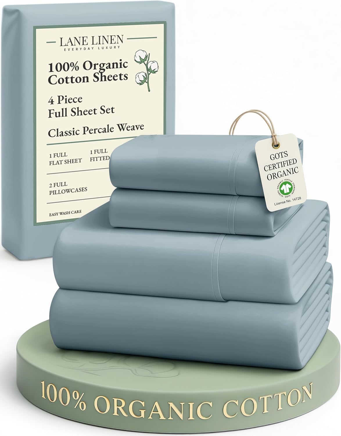 LANE LINEN 100% Organic Cotton Full Sheets Set 4-Piece Pure Percale Soft Bedding Breathable Fits Mattress Upto 15" Deep - French Blue