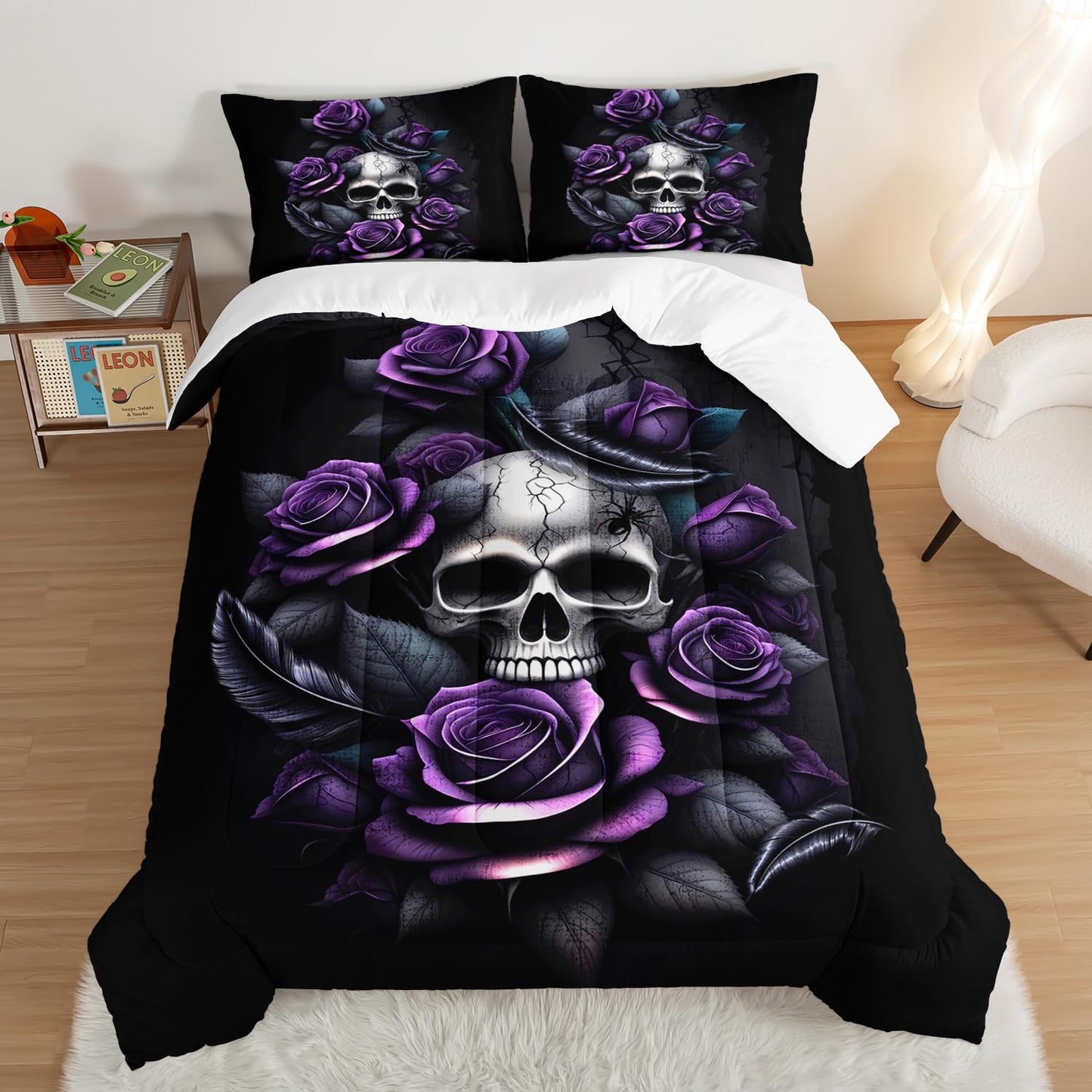 Death Skull Heads Full Size Comforter Sets,Horror Themed Gothic Bedding for Kids Teens Boys Room Decor,Mysterious Floral Spider Western Comforter Sets with 2 Pillowcases.