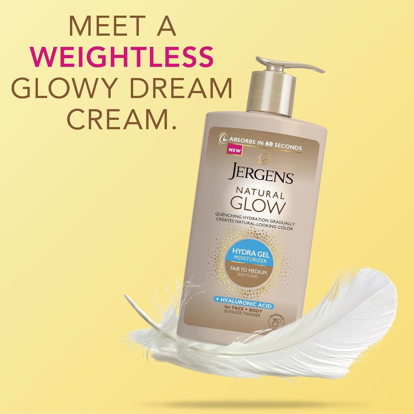 Jergens Natural Glow Hydra Gel Moisturizer, Hyaluronic Acid Tanning Lotion, Hydrating Tanning Gel, Fragrance-Free Self Tanner, Fair to Medium Skin Tones, 8.3 Fl Oz