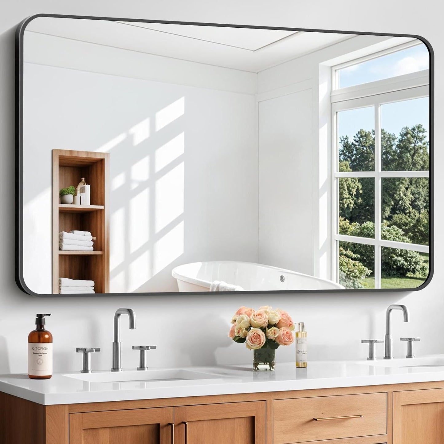 Bathroom Mirror, 55 x 36 inch Black Rectangle Wall Mirror, Metal Frame Rounded Corner Vanity Mirror, Large Wall Mounted Mirrors for Over Sink Bedroom Living Room Horizontal Or Vertical Mounting
