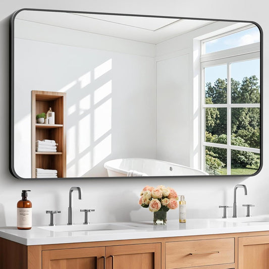 Bathroom Mirror, 55 x 36 inch Black Rectangle Wall Mirror, Metal Frame Rounded Corner Vanity Mirror, Large Wall Mounted Mirrors for Over Sink Bedroom Living Room Horizontal Or Vertical Mounting