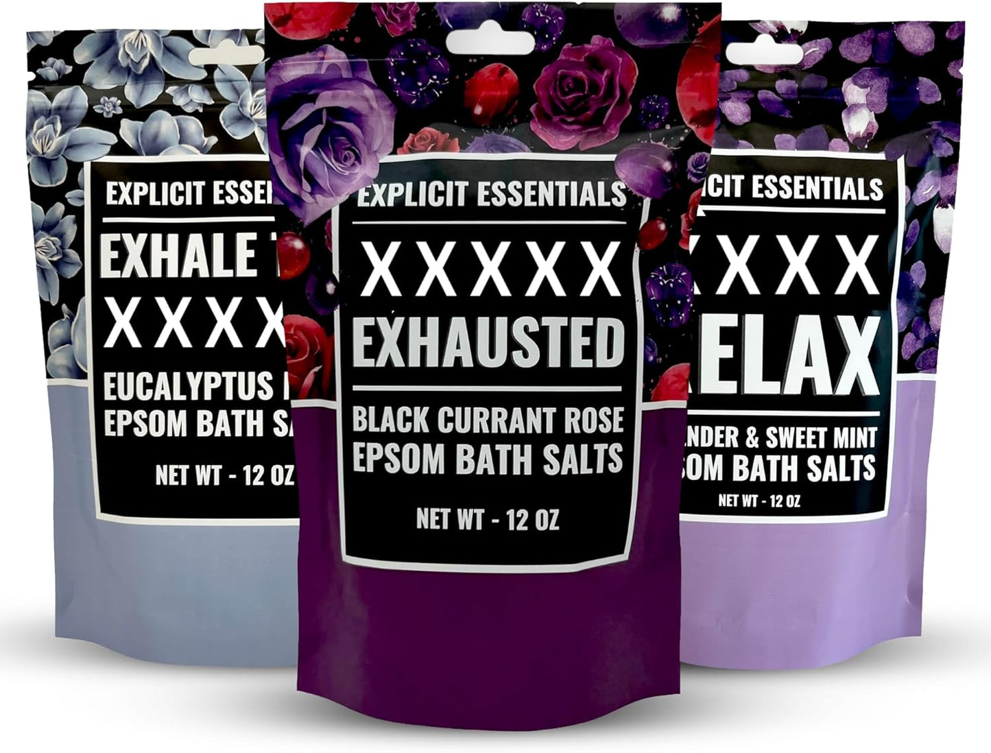 Explicit Essentials Bath Salts Gift Set | 3 Relaxing Epsom Salt Bath Soaks | Aromatherapy Epsom Salt Variety Pack for Stress Relief, Muscle Recovery & Self-Care Gifts