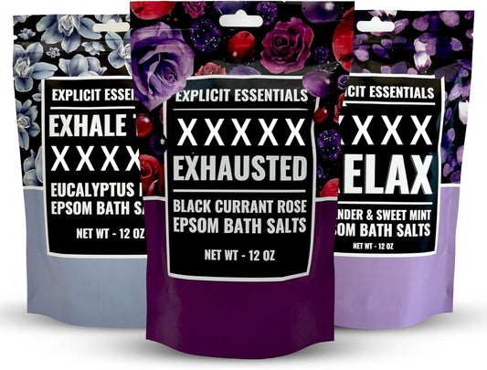 Explicit Essentials Bath Salts Gift Set | 3 Relaxing Epsom Salt Bath Soaks | Aromatherapy Epsom Salt Variety Pack for Stress Relief, Muscle Recovery & Self-Care Gifts