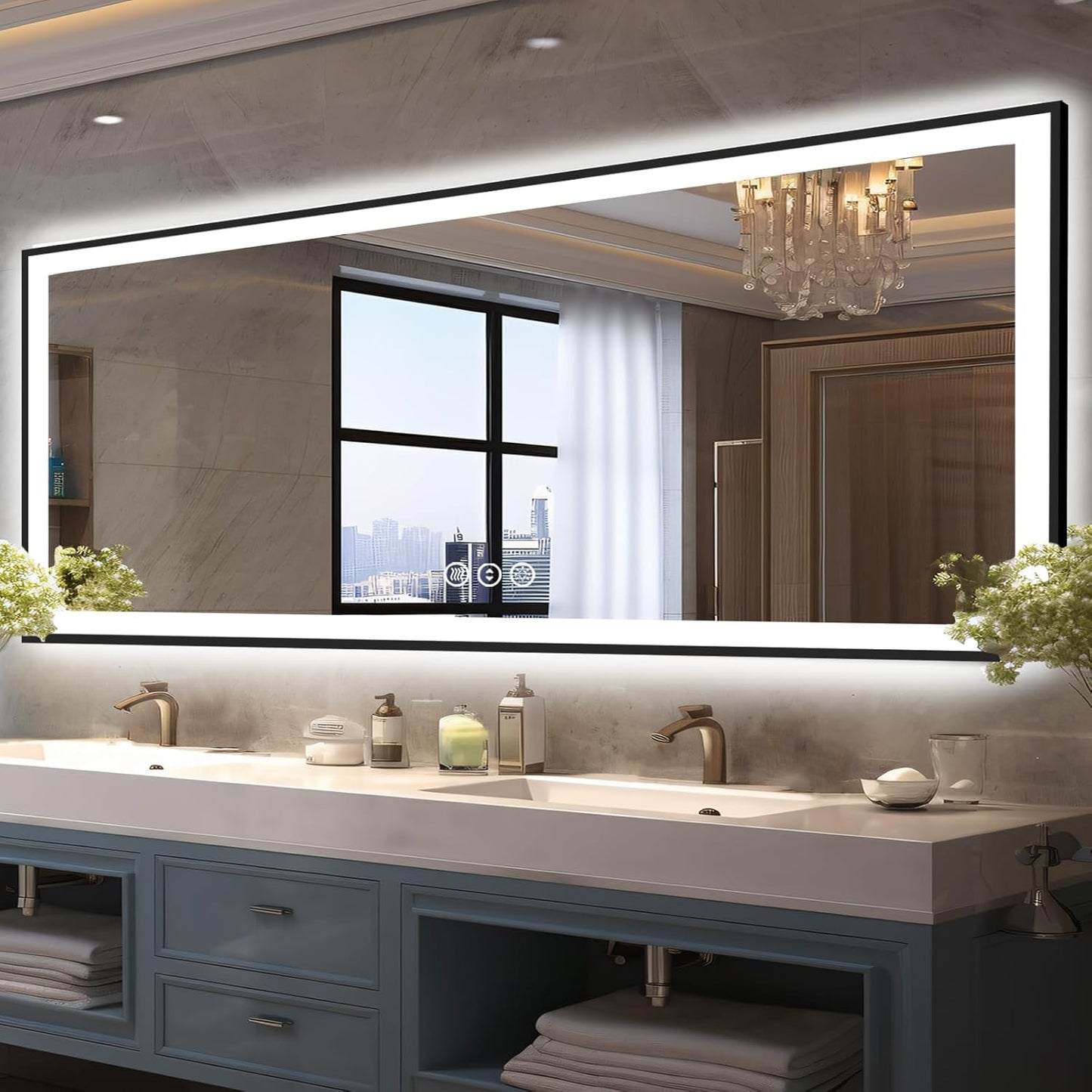 96x36 Large Lighted Bathroom Mirror, Black Rim(Front and Backlit), 3 Colors and Dimmable Vanity Mirror, Tempered Glass, IP54 Enhanced Anti-Fog, Anti-Corrosion, Memory (Horizontal/Vertical)