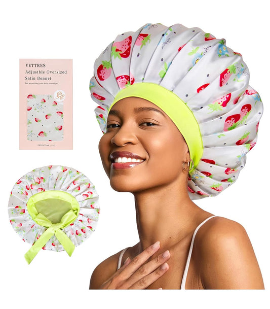 Floral Satin Bonnet For Sleeping Women Double Layer Pleated Design Adjustable Shower Cap For Curly Hair Strawberries