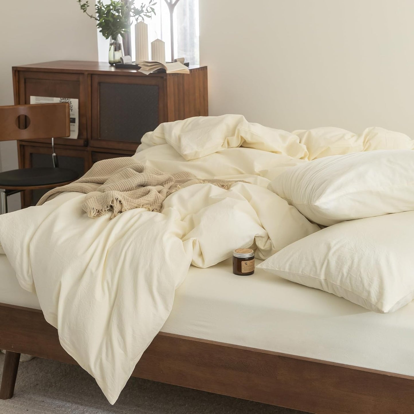 FOSSA Duvet Cover Set 100% Washed Cotton Linen Feel Super Soft Breathable Cozy 3 Pieces Bedding Sets Solid Cream White California King