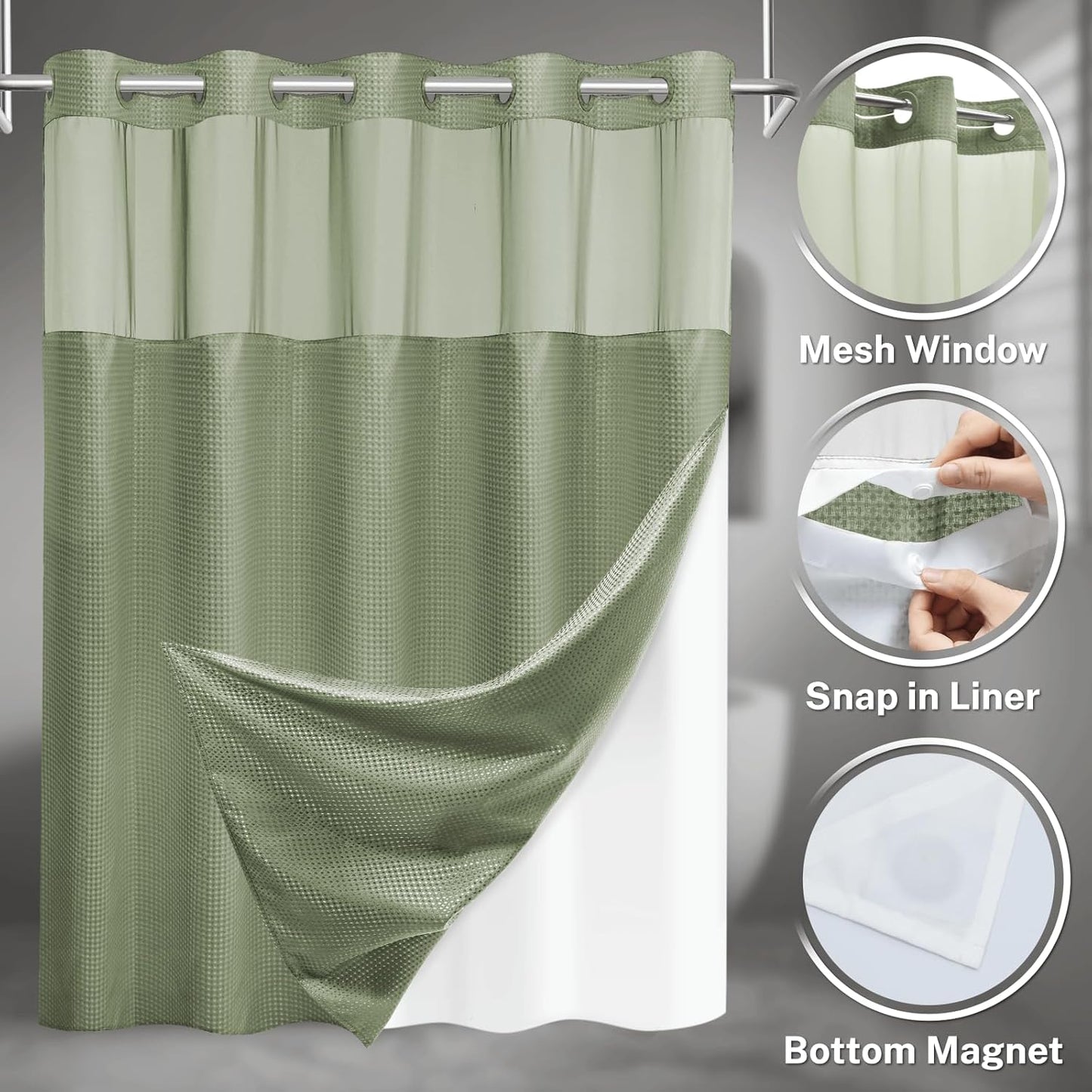 No Hook Shower Curtain with Snap in Liner Set Waffle Shower Curtain for Bathroom Hotel Style Fabric Waterproof Inner Liner，54" W x 80" H, Green