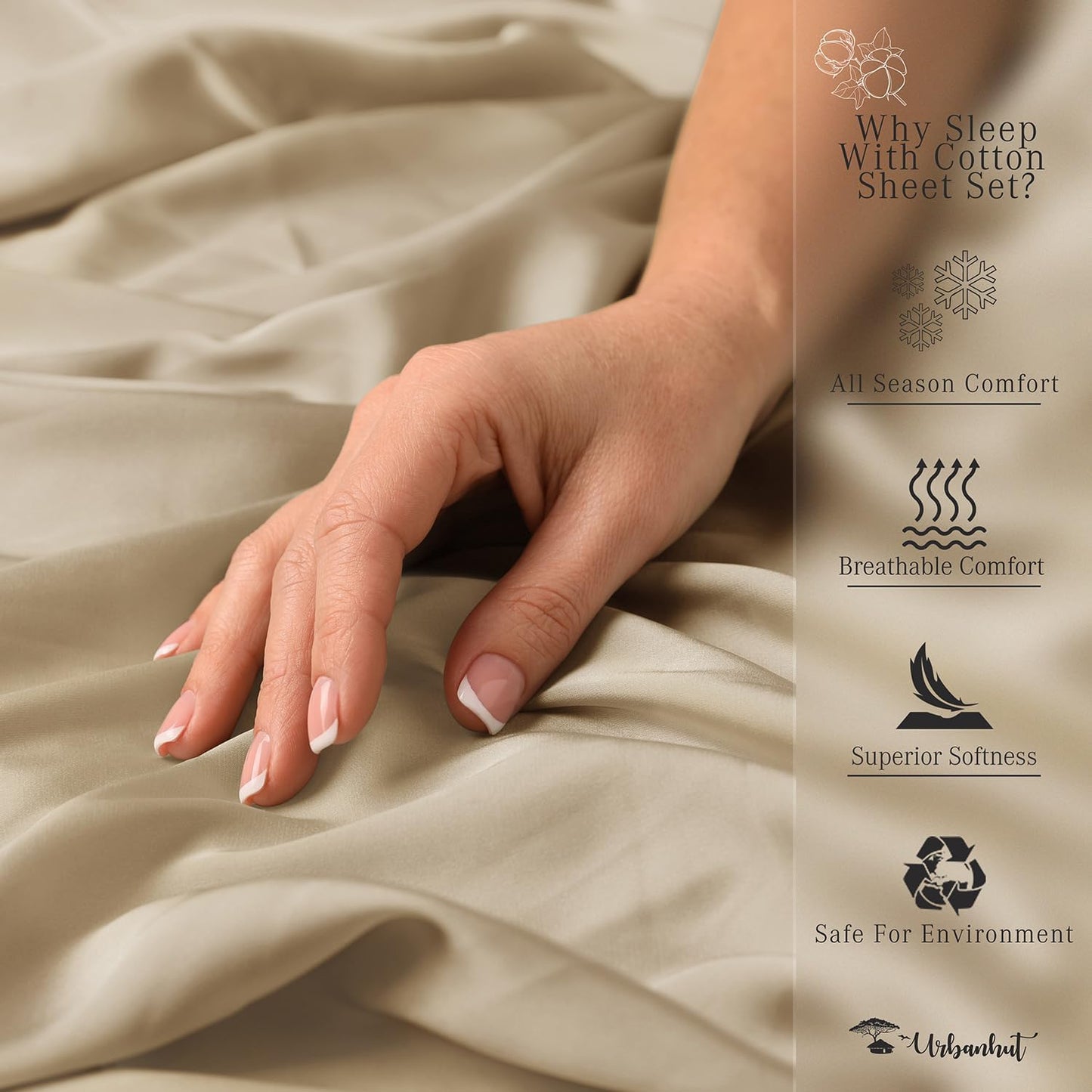 URBANHUT 700 Thread Count Egyptian Cotton Sheets California King Size, 4Pc Sheet Set Soft Luxury Bed Sheets for Cal King Size Bed, Sateen Weave Hotel Sheets, 16'' Elasticized Deep Pocket - Sand