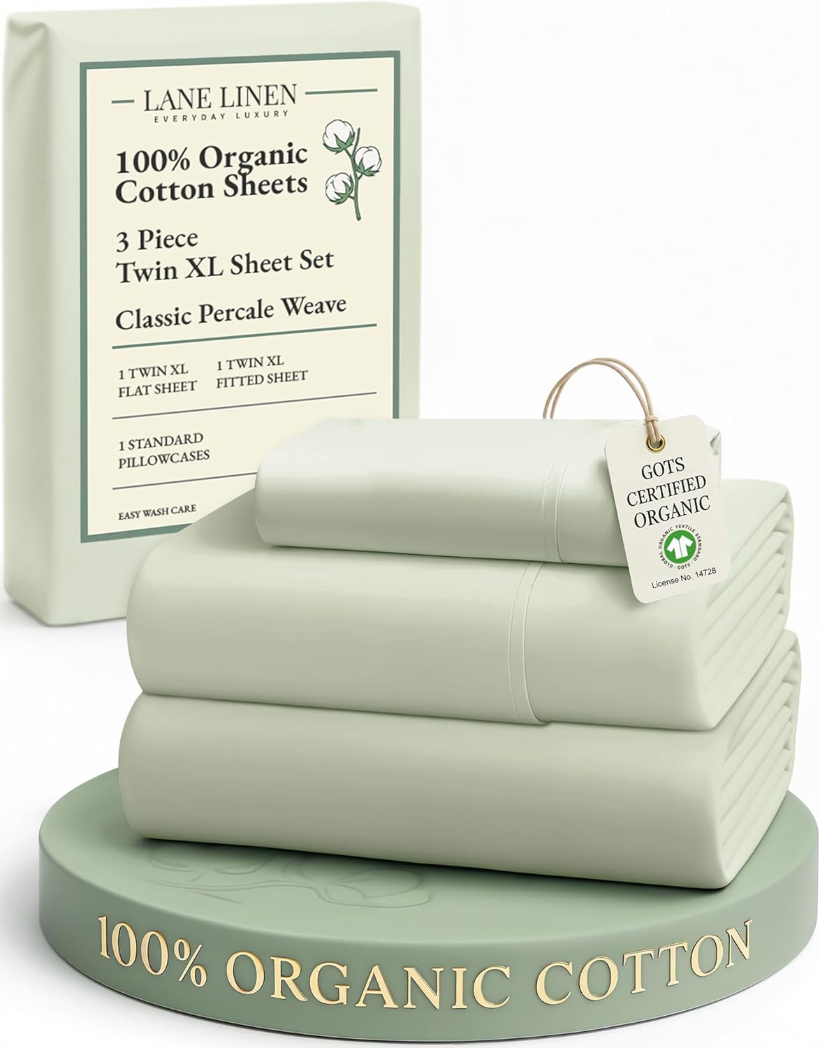 LANE LINEN 100% Mercerized Organic Cotton Twin XL Sheets Set, Soft & Comfy Percale Weave - Perfect for Hospital beds or Dorm Room, Luxury Hotel Like Sheets Twin XL Size Sheet Set - Mineral