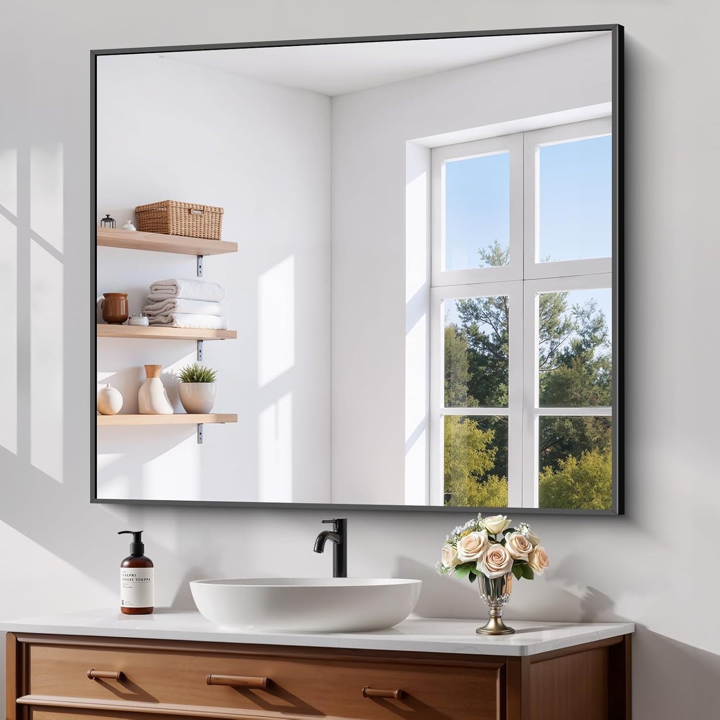 Koonmi Black Framed Bathroom Mirror - Shatterproof 36"x40" Tempered Glass, HD No Distortion, Horizontal/Vertical Mount, Modern Matte Aluminum Alloy Frame