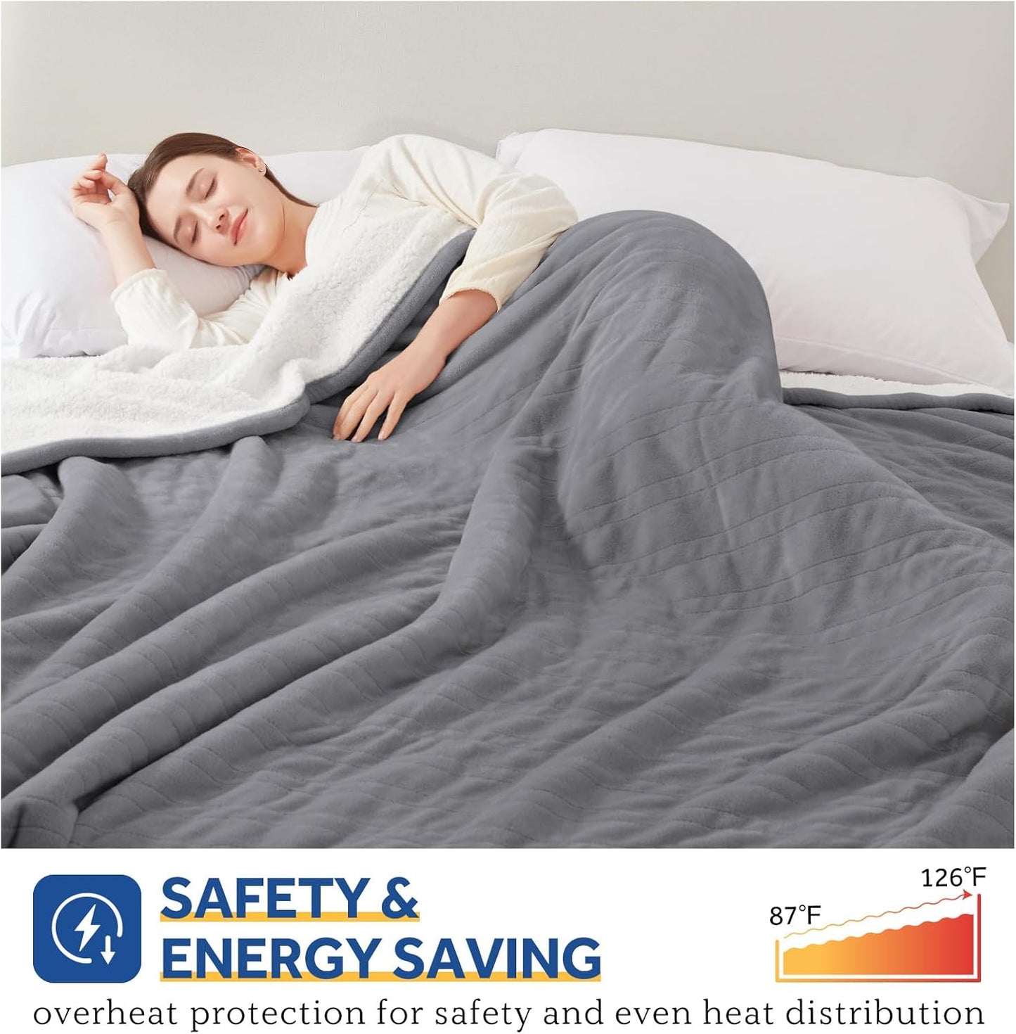 SEALY Electric Blanket Twin Size, Flannel & Sherpa Heated Blanket with 10 Heating Levels & 1-12 Hours Auto Off, Machine Washable, Light Grey, 62"x 84"