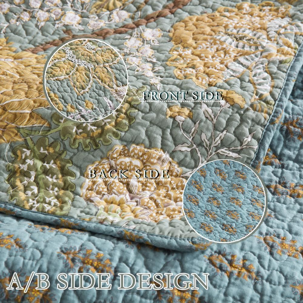 Cotton Bedspread Bedding Coverlet Quilt Sets, Reversible Vintage Branch Floral Bedspread comforters, (Rustic Sage Green Floral Pattern, Queen Size)