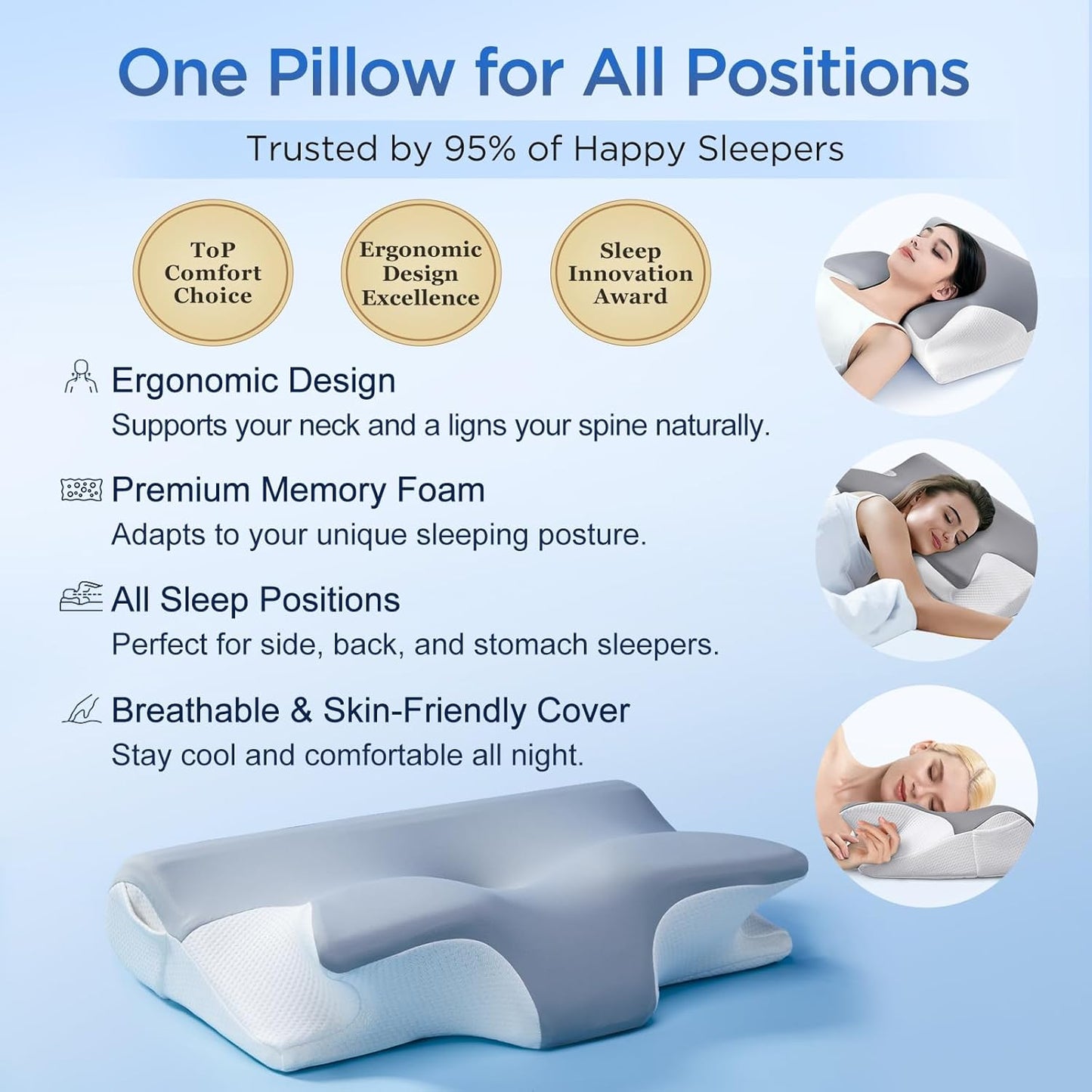 Effective Pain Relief Cervical Neck Pillow for Sleeping, Memory Foam Pillows for Neck Support, Odorless Contour Side Pillow, Ergonomic Bed Pillow for Back Stomach Sleeper (Grey and White)