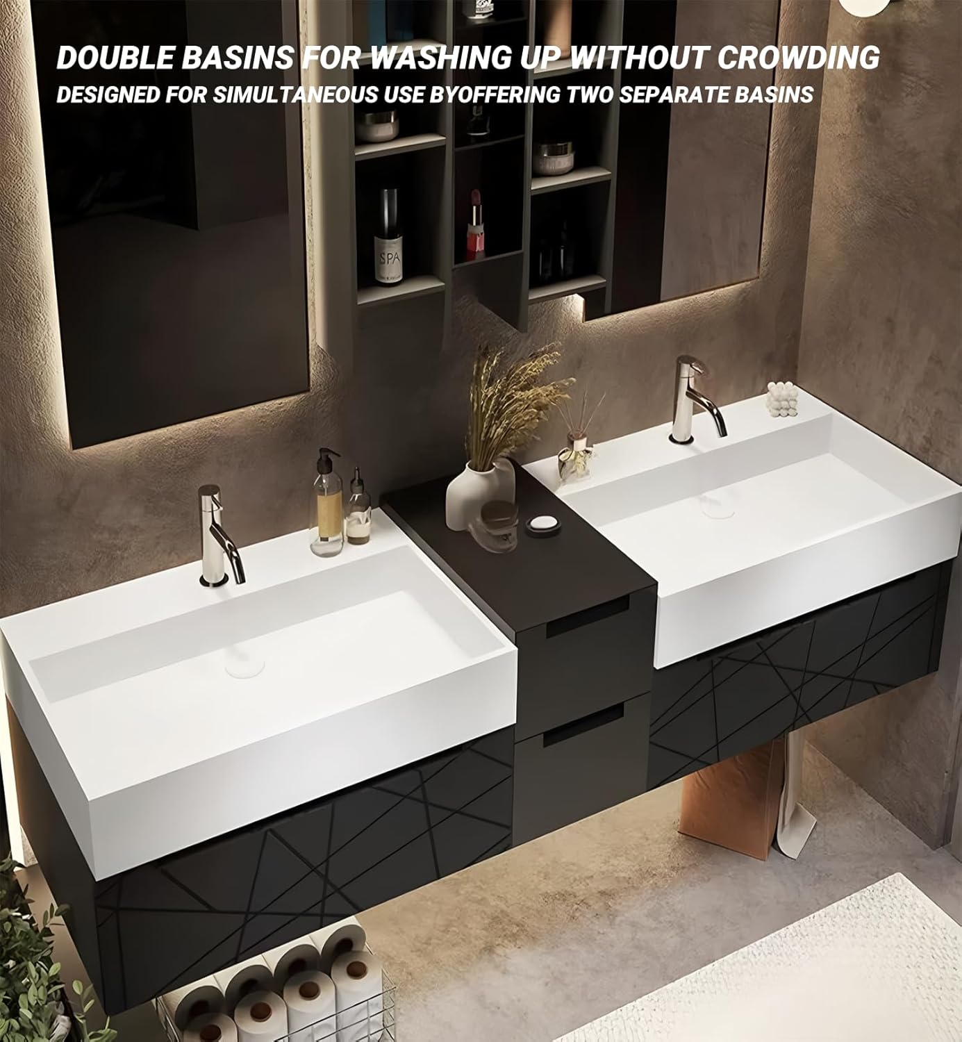 Double Bathroom Vanity with Sink, Floating Modern Bathroom Vanity Set Includes LED Smart Defogging Mirror and Open Storage Wall Cabinet, Solid Wood Bathroom Cabinet with Large Drawer (Dark Grey,72")