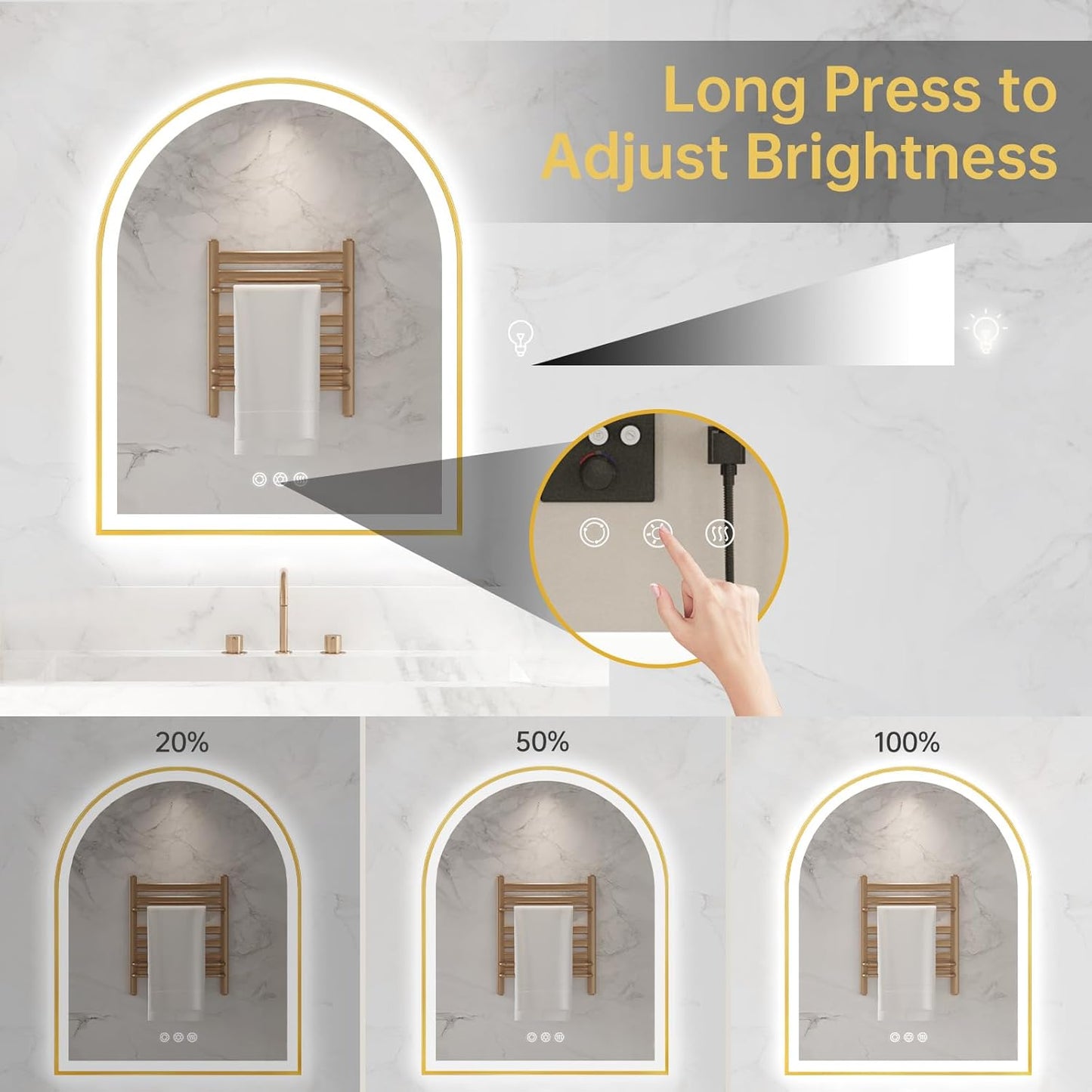 Arched LED Mirror for Bathroom 24"x30", Brushed Gold Lighted Bathroom Mirror with Lights, Fogless, Dimmable, Shatterproof, Touch Sensor, 3 Color Changing