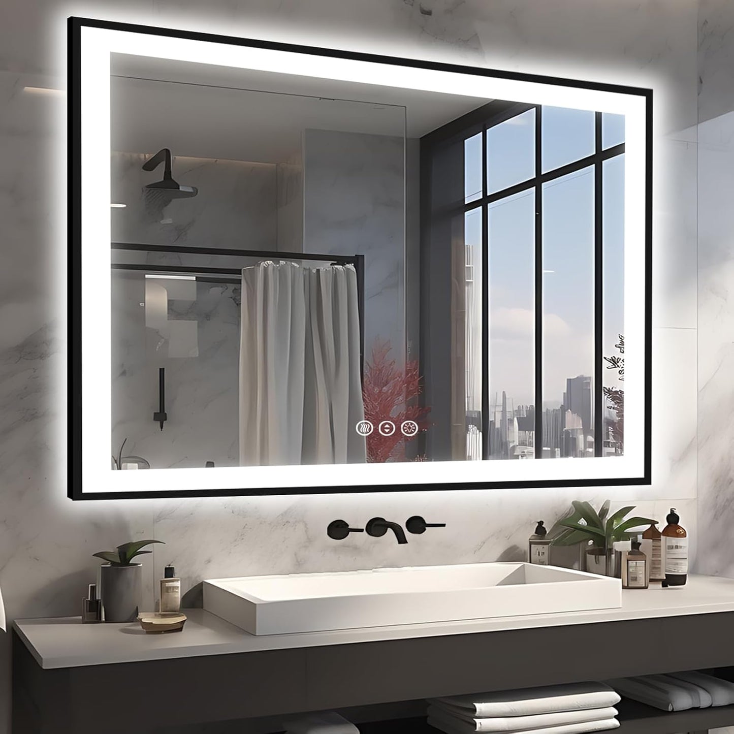 51x40 Bathroom Light up Mirror, Black Double Bright Lights Mirror, Anti-Fog Vanity Mirror with Lights, Stepless Dimmable Illuminated, Touch Control, Waterproof (Horizontal/Vertical)