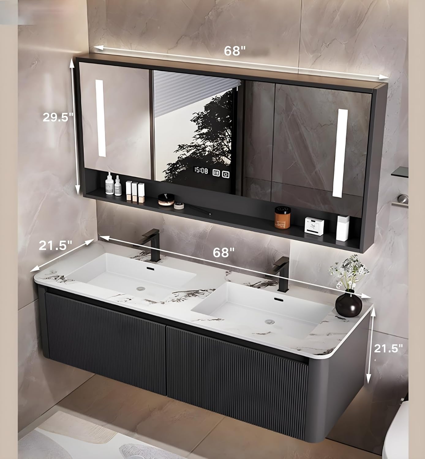 Bathroom Vanity Cabinet, 68" Bathroom Vanity with Sink & Intelligent Defog LED Mirror, Solid Wood Float Vanities, Wall-Mount Bathroom Cabinet with Drawer, Undermount Double Sink, Faucet, Drain(Black)