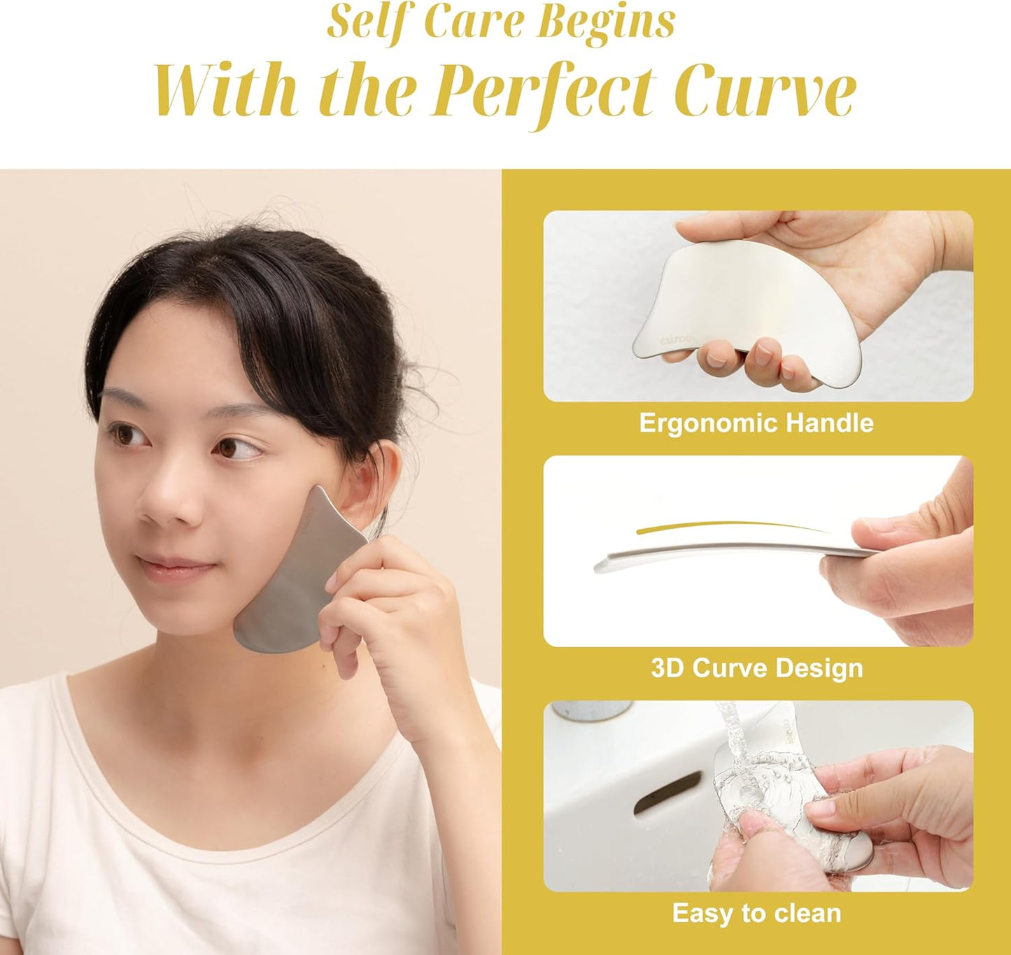 SHUHU Stainless Steel Gua Sha Facial Tool for Face & Body – Jawline Sculptor & Puffiness Relief – Face Massage Tool for Lymphatic Drainage, Tension & Muscle Relief, with Travel Pouch
