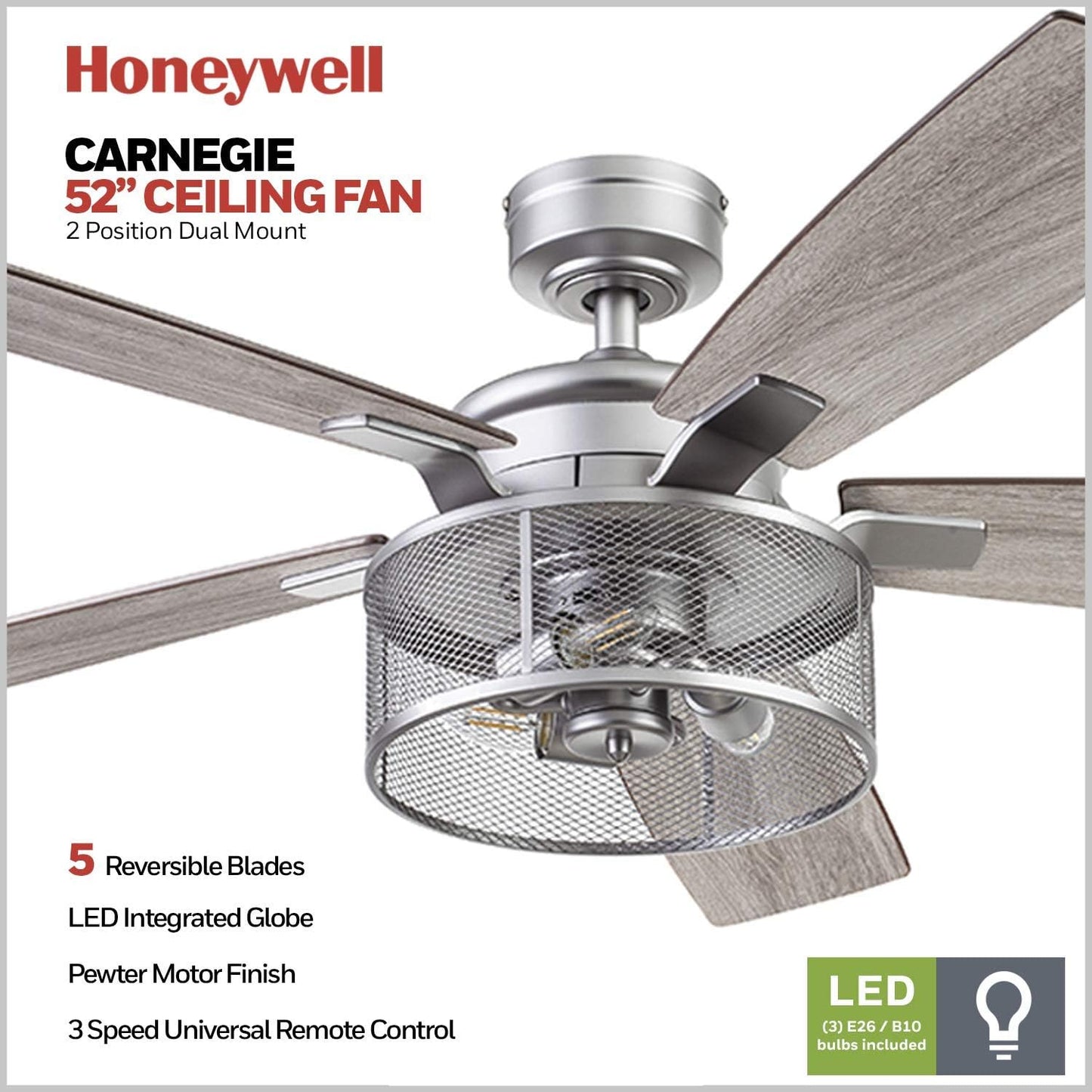 Honeywell Ceiling Fans Carnegie, 52 Inch Industrial Style Indoor LED Ceiling Fan with Light, Remote Control, Dual Mounting Options, 5 Dual Finish Blades, Reversible Airflow - 51460-01 (Silver)