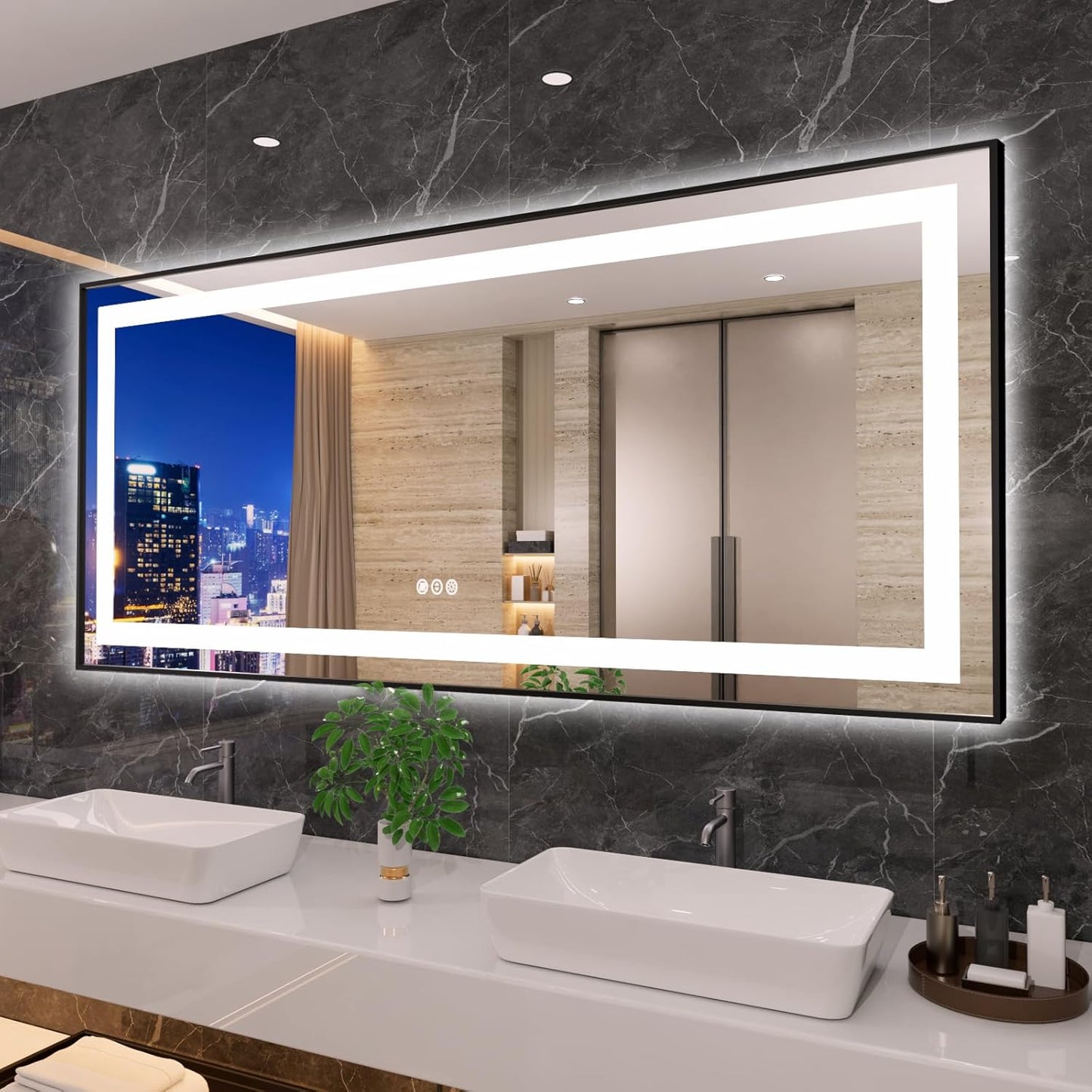 Amorho LED Bathroom Mirror, 72"x32" Front Light and Backlit, Black Framed, Stepless Dimmable, Anti-Fog, Shatter-Proof, Memory, 3 Colors, Double LED Vanity Mirror