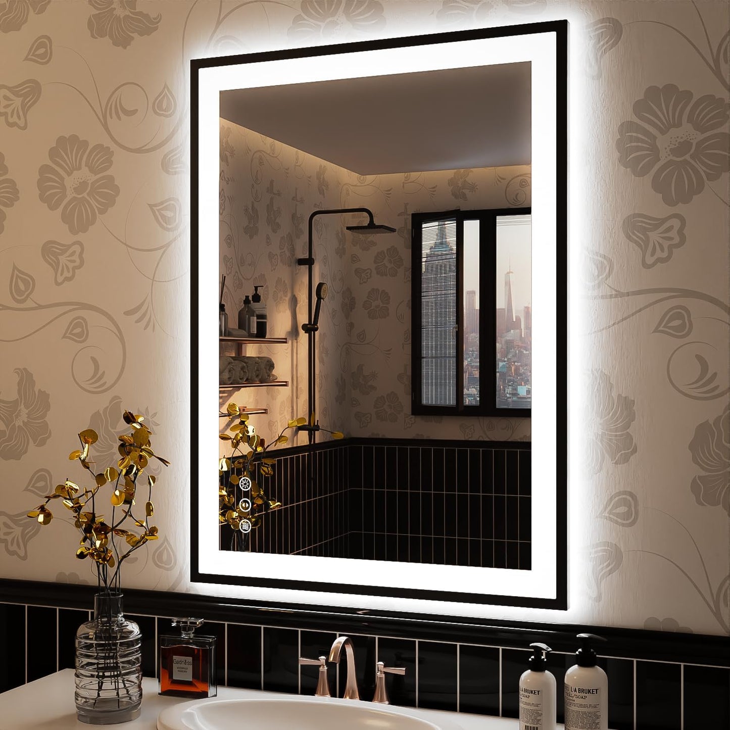 ISKM Framed LED Mirror for Bathroom 36"x24", Dimmable LED Bathroom Mirror with Lights, Anti-Fog, Front and Backlit Lighted Mirror 3-Colors, Shatterproof, Memory Function