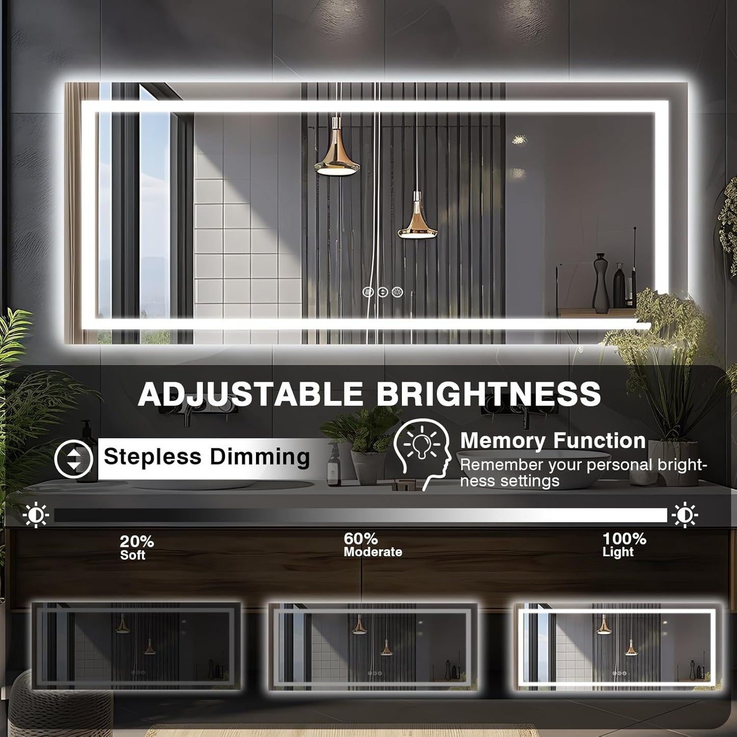 96"x36" Large LED Bathroom Mirror with Lights (Front and Backlit), Anti-Fog Lighted Mirror for Wall, Stepless Dimmable Lighted Mirror, 3 Colors Smart Mirror (Horizontal/Vertical)