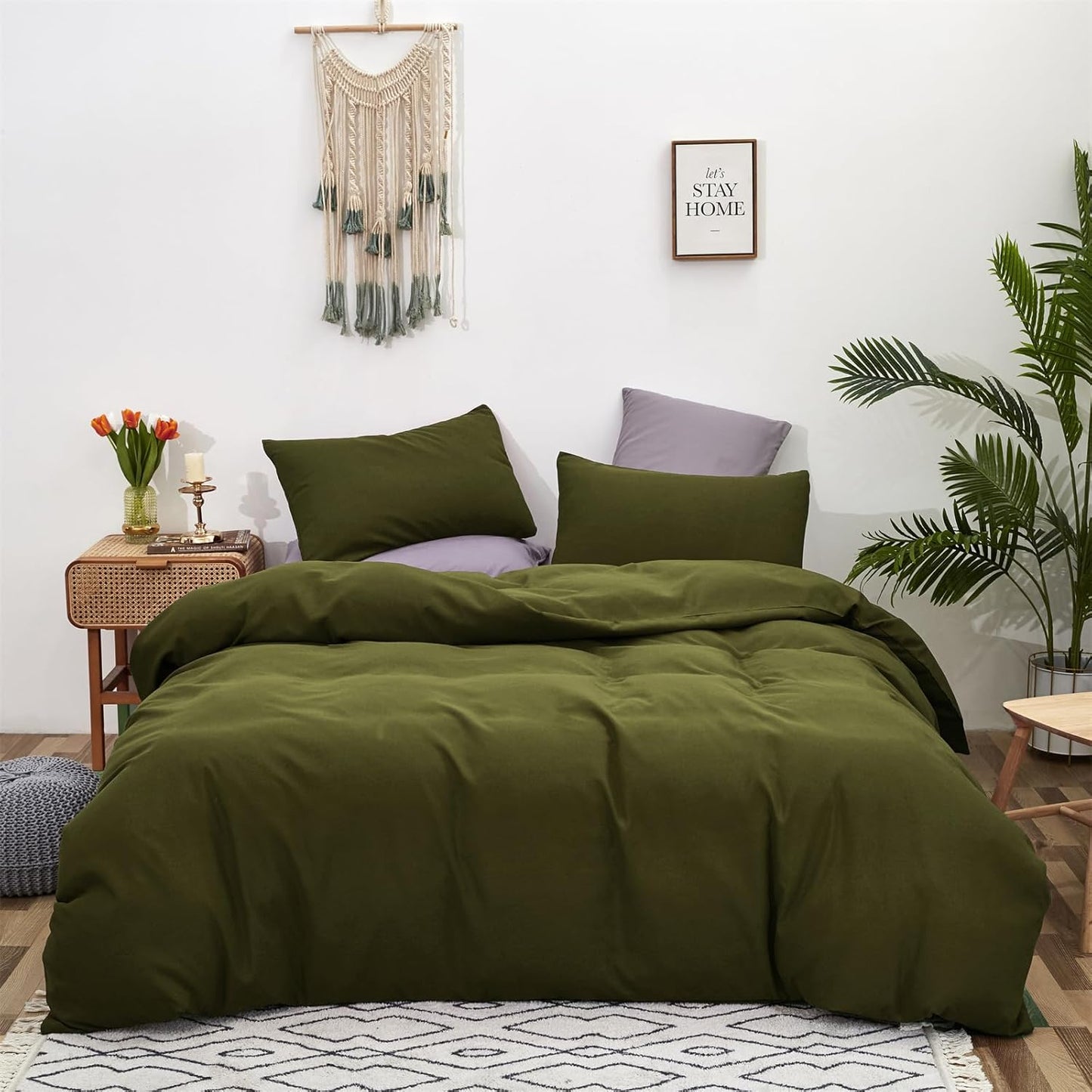 Cottonight Olive Green Bedding Set - Queen Size, Army Green Comforter, Blanket & Quilts - Modern, Soft, Breathable - 3 Piece Set for Women & Men