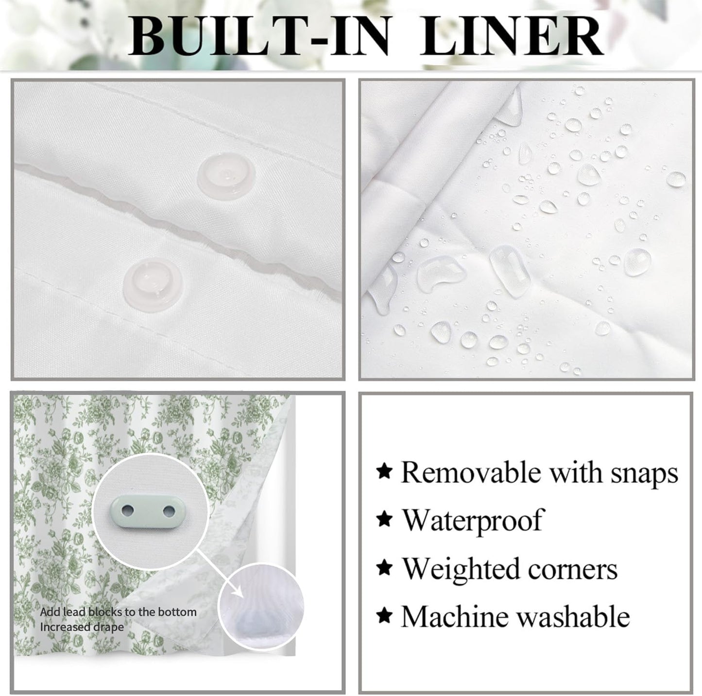 Floral Shower Curtain No Hooks with Snap in Fabric Liner Set,Spring Farmhouse Shower Curtain Hotel Bathroom Decor,with See Through Top Window,Green Flowers Fabric Waterproof,71x74 Inch