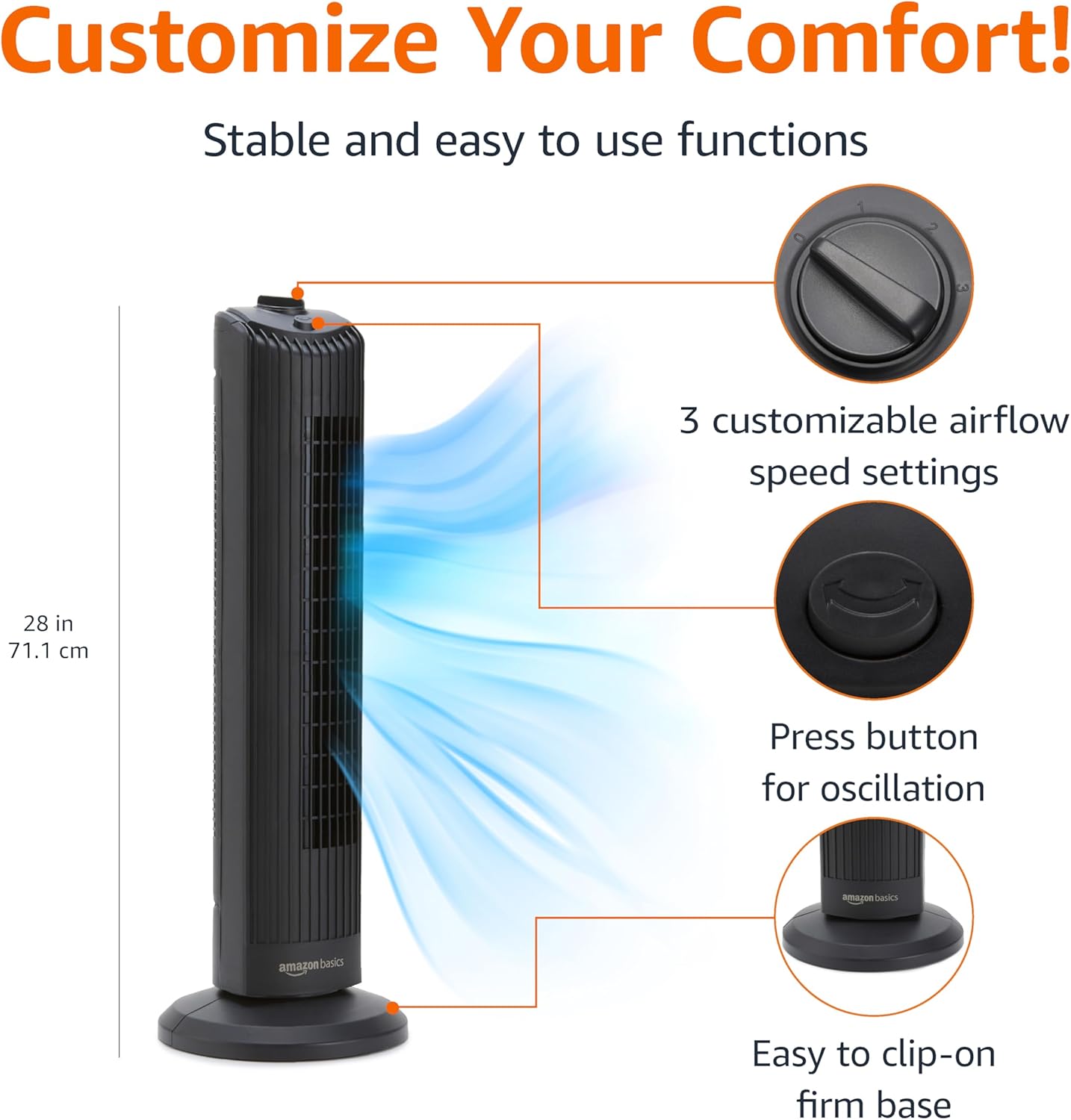 Amazon Basics 28" 60-Degree Oscillating Tower Fan for Bedroom, Living Room, Office, With 3 Speeds, Intuitive Mechanical Control, Black, 35W, 27.8"H x 9.4"D x 9.4"W